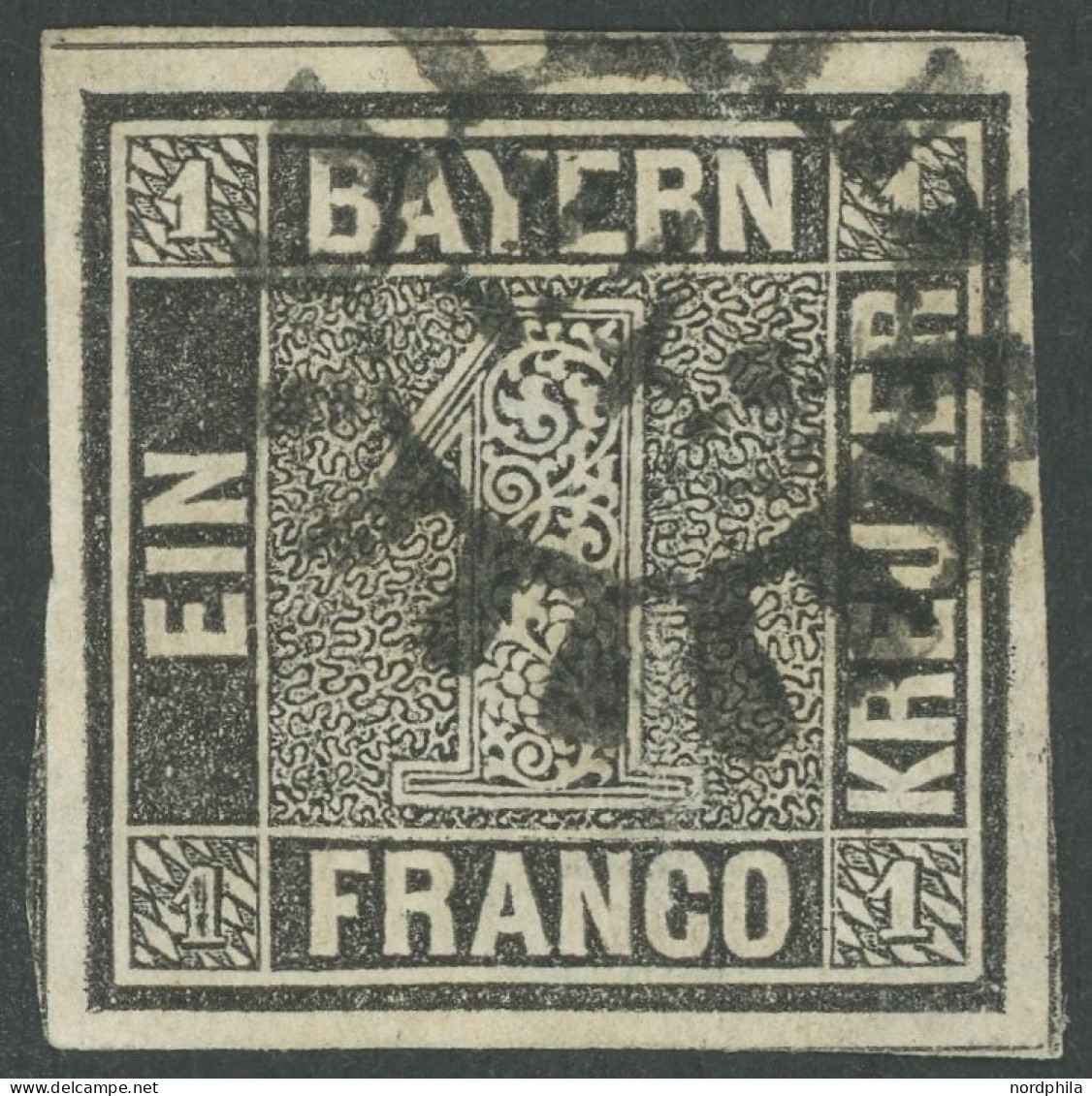 BAYERN 1IIa O, 1850, 1 Kr. Schwarzgrau, Platte 2, MR-Stempel 243, Voll-breitrandig, Dünne Stellen Hinterlegt Sonst Farbf - Other & Unclassified