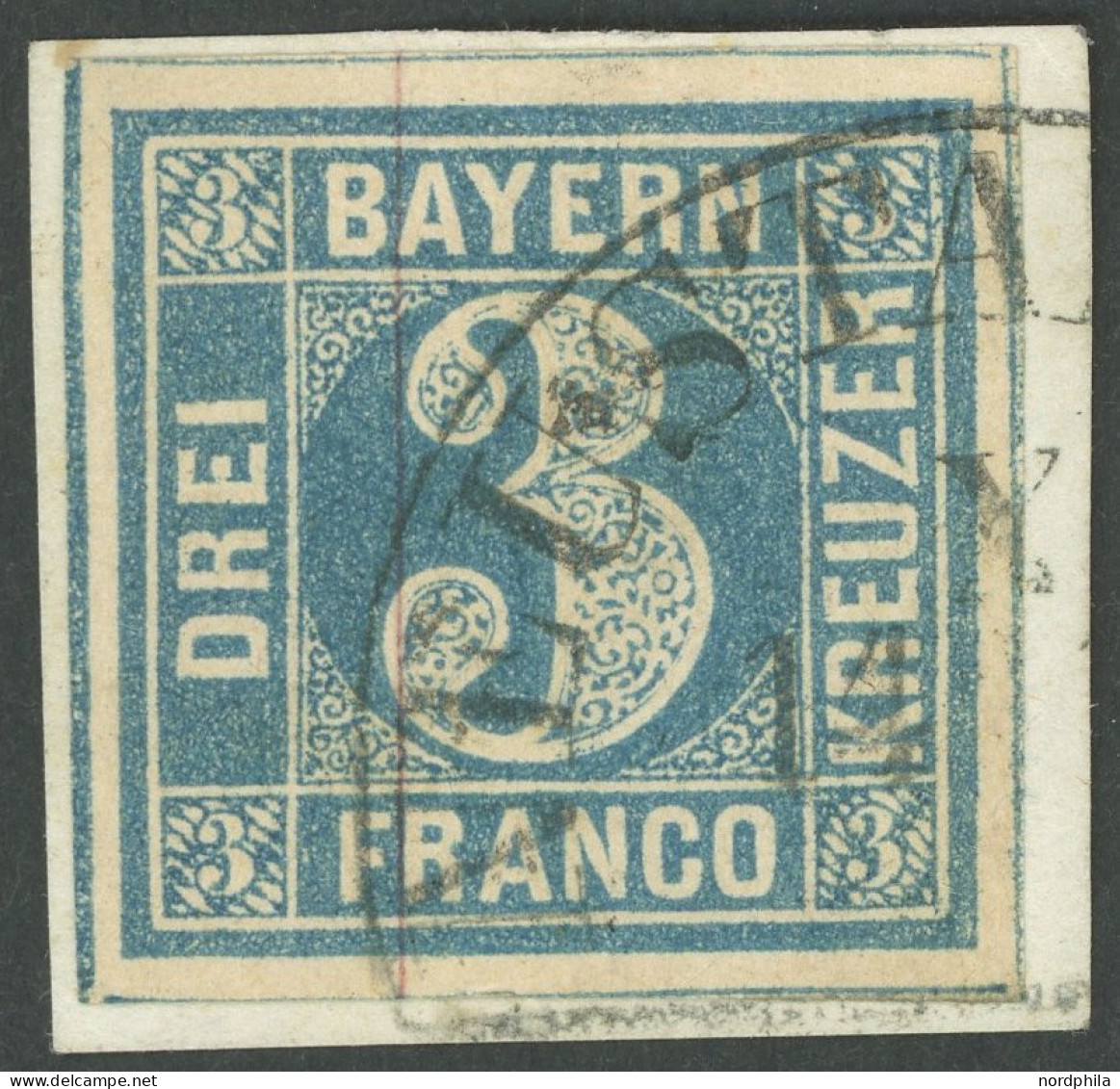 BAYERN 2Ia BrfStk, 1849, 3 Kr. Blau, Type I, Segmentstempel NEUSTADT, Breitrandig, Kabinettstück, Signiert - Usati