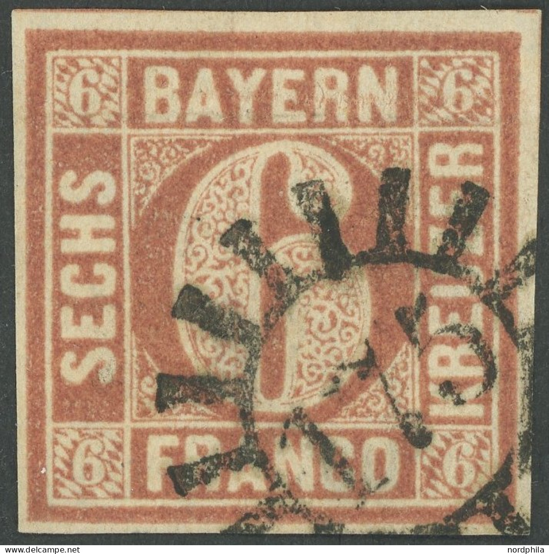 BAYERN 4I O, 1849, 6 Kr. Dunkelbraunorange, Type I, Mühlrad-Stempel 175, Waagerechte Bugspur Sonst Pracht, Gepr. Bühler, - Gebraucht