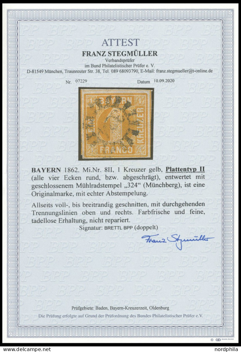 BAYERN 8II O, 1862, 1 Kr. Orangegelb, Platte II (alle Vier Ecken Rund) Mit Zentrischem MR-Stempel 324 (Münchberg), Voll- - Sonstige & Ohne Zuordnung