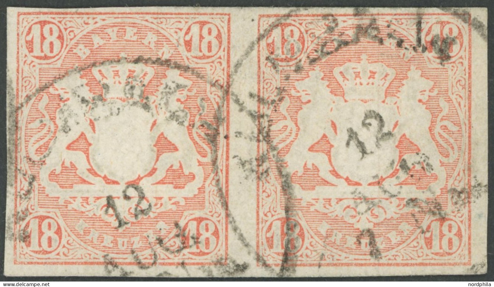 BAYERN 19 Paar O, 1867, 18 Kr. Dunkelzinnoberrot Im Waagerechten Paar, K1 KULMBACH, Pracht, Gepr. Pfenninger, Mi. 1200.- - Afgestempeld