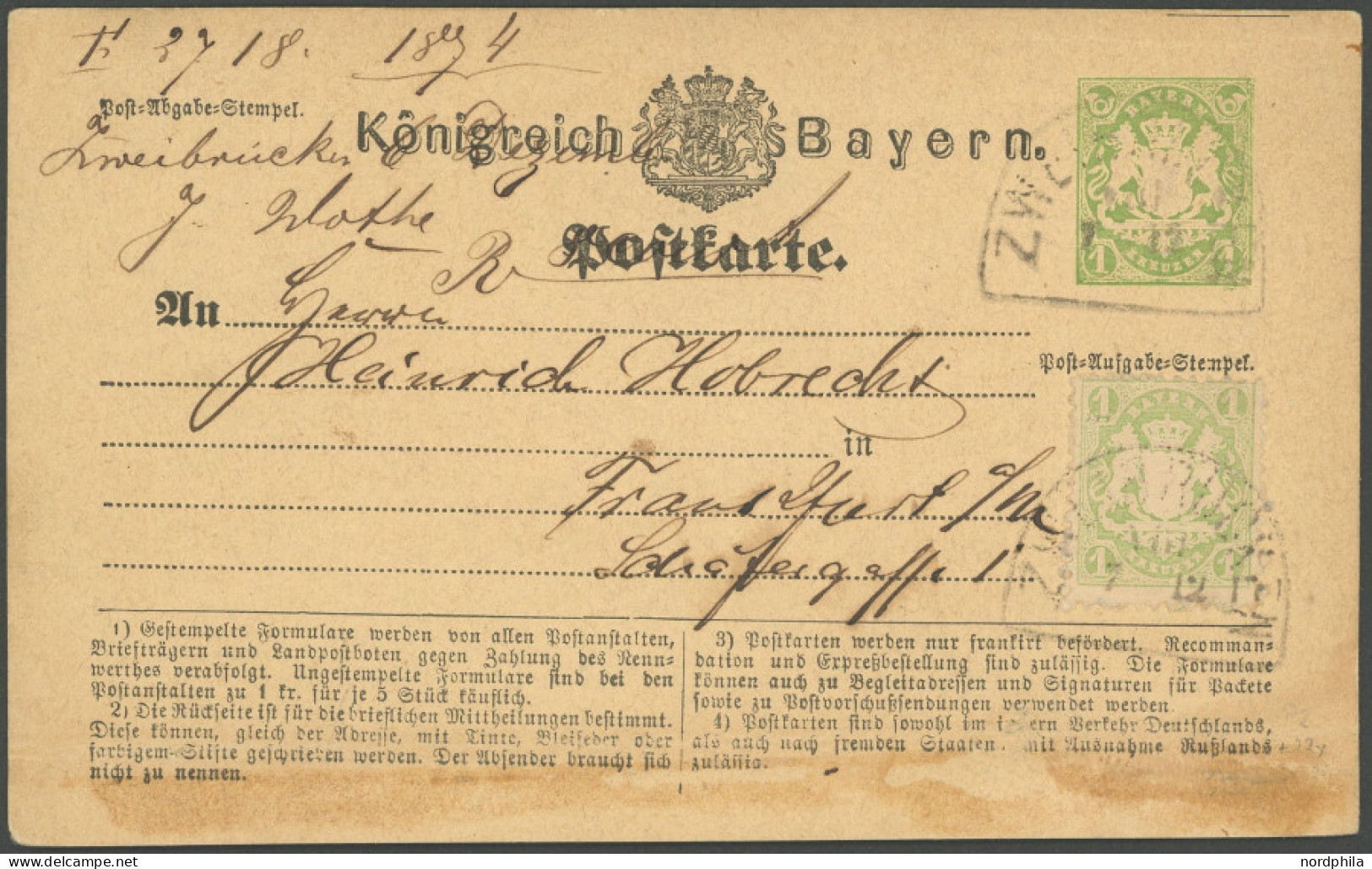 BAYERN 22Ya BRIEF, 1874, 1 Kr. Hellgrün, Wz. Weite Rauten, Als Zusatzfrankatur Auf 1 Kr. Ganzsachenkarte, Segmentstempel - Enteros Postales