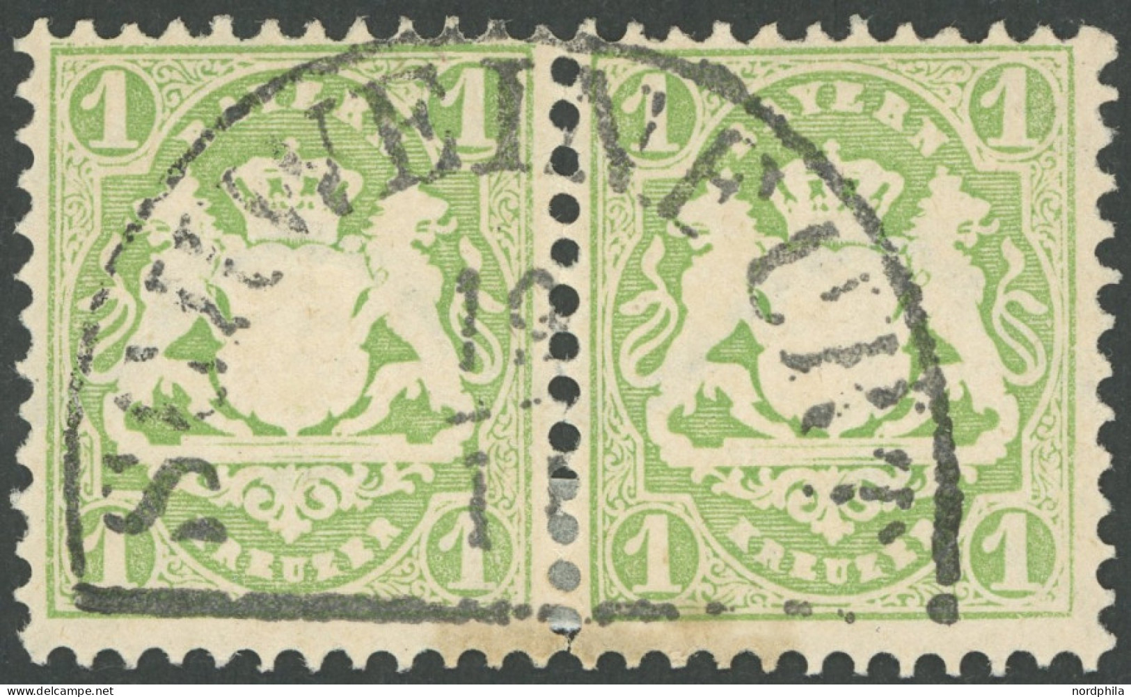 BAYERN 32a Paar O, 1875, 1 Kr. Hellgrün Im Waagerechten Paar (leicht Angetrennt), Wz. 2, Zentrischer Segmentstempel SCHW - Afgestempeld