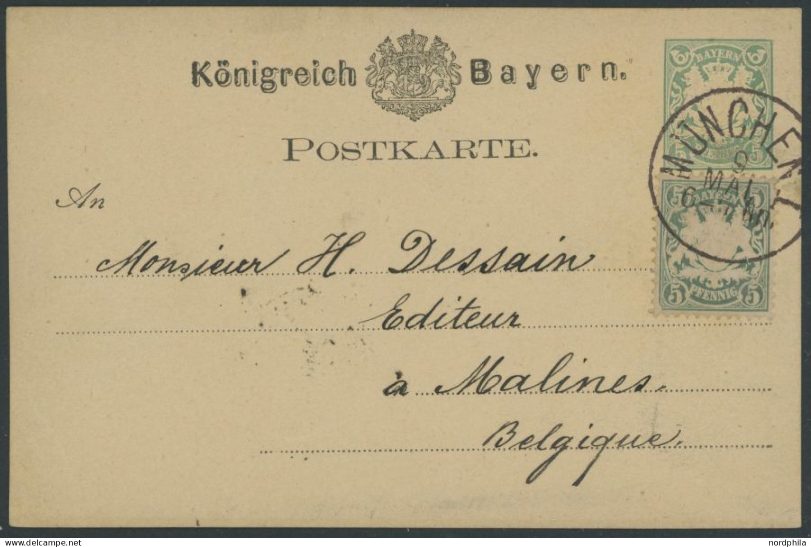 BAYERN 38a BRIEF, 1878, 5 Pf. Bläulichgrün Als Zusatzfrankatur Auf 5 Pf. Ganzsachenkarte Von MÜNCHEN Nach Belgien, Prach - Interi Postali