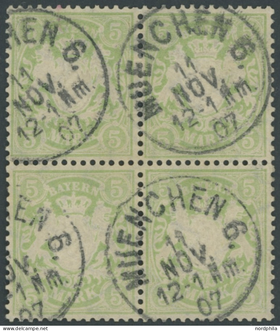 BAYERN 70x VB O, 1900, 5 M. Gelbgrün, Wz. 3, Im Viererblock, Pracht - Usados