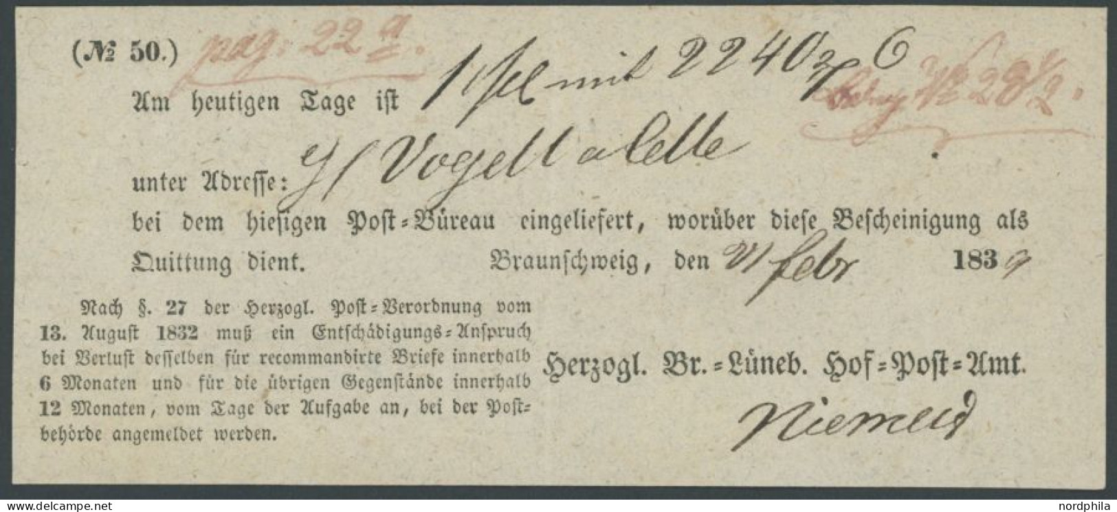 BRAUNSCHWEIG 1839, Postschein Vom HERZOGL. BR. LÜNEB. HOF POST-AMT, Pracht - Vorphilatelie