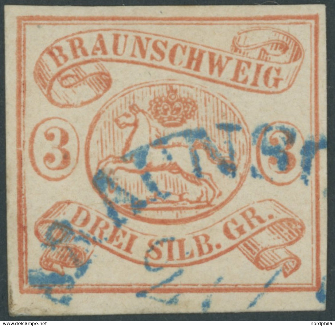 BRAUNSCHWEIG 3 O, 1852, 3 Sgr. Orangerot, Blauer Halbkreisstempel, Gepr. Bühler, Mi. 350.- - Brunswick