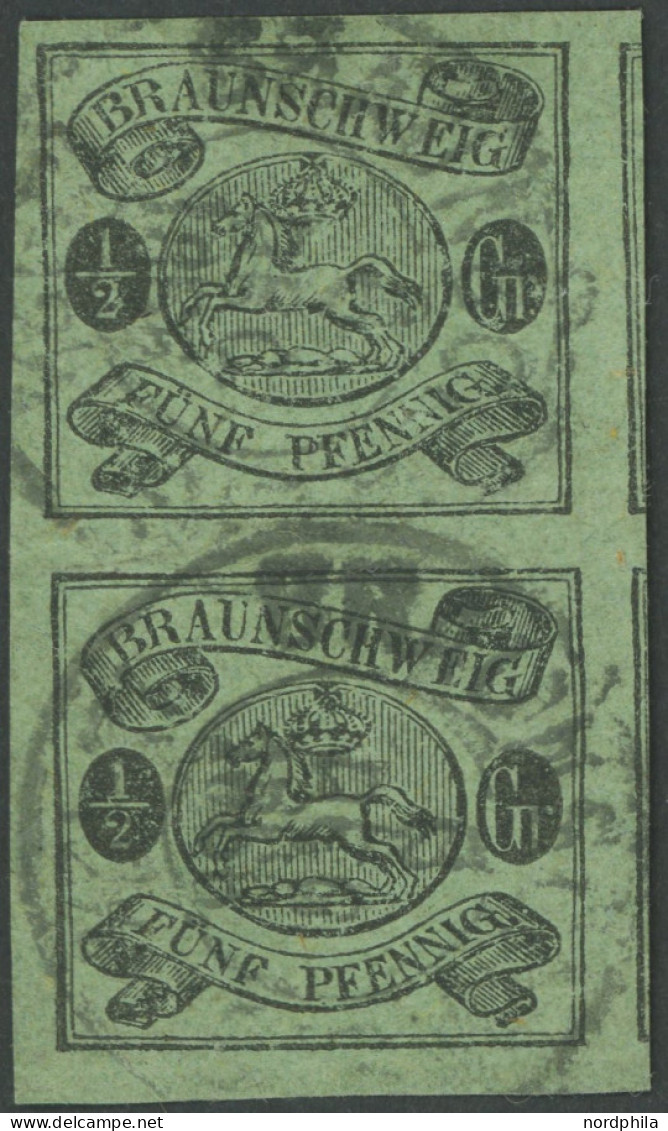 BRAUNSCHWEIG 10A Paar O, 1863, 1/2 Gr. Schwarz Auf Lebhaftgraugrün Im Senkrechten Breitrandigen Paar, Rechts Mit Teilen  - Braunschweig