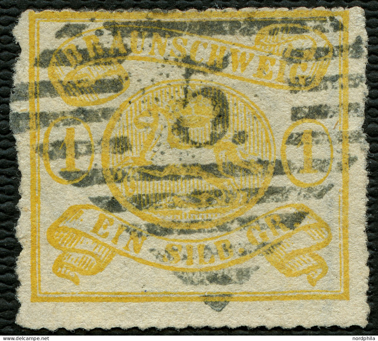 BRAUNSCHWEIG 14A O, 1864, 1 Sgr. Lebhaftgelbocker, Durchstich Bogenförmig, Schwarzer Nummernstempel 5 (Bodenburg), Prach - Brunswick