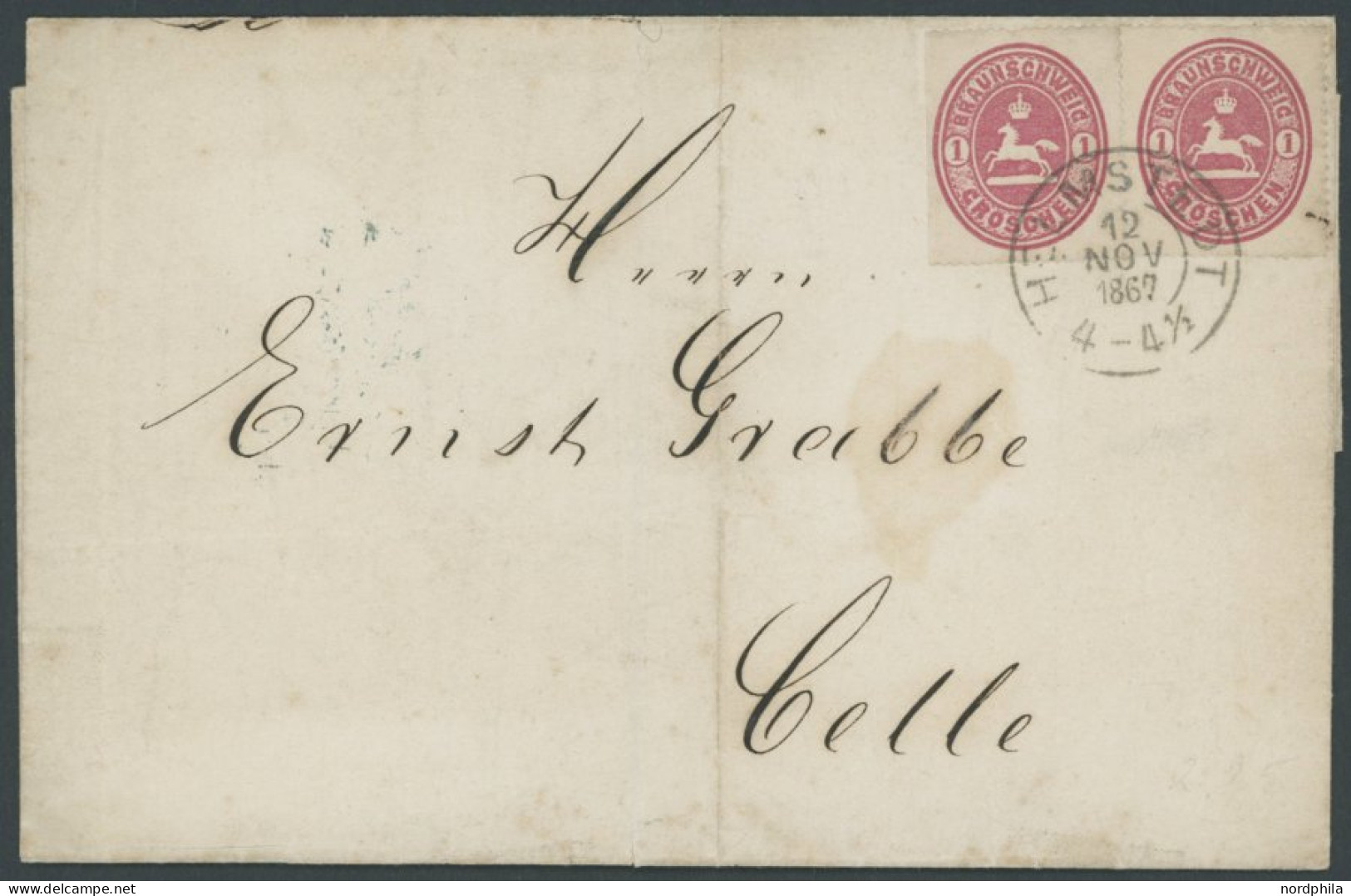 BRAUNSCHWEIG 18 Paar BRIEF, 1867, 1 Gr. Rosa Im Waagerechten Paar (linke Marke Scherentrennung) Auf Brief Von HELMSTEDT  - Brunswick