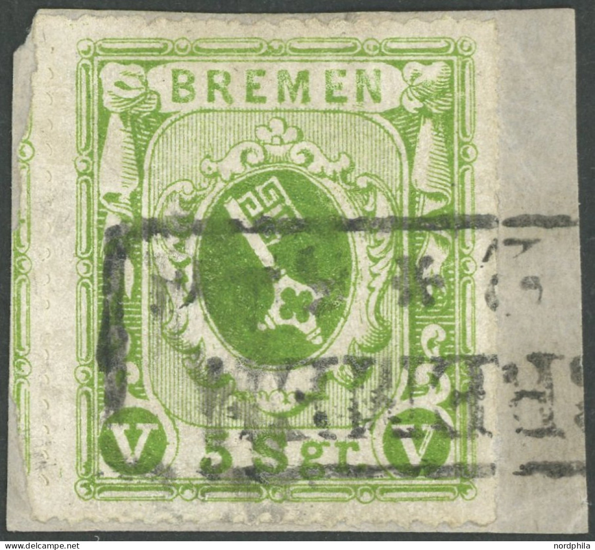 BREMEN 9c BrfStk, 1863, 5 Sgr. Dunkelgelblichgrün, Kabinettbriefstück, Signiert Köhler Und R.F. Engel, Mi. (600.-) - Brême
