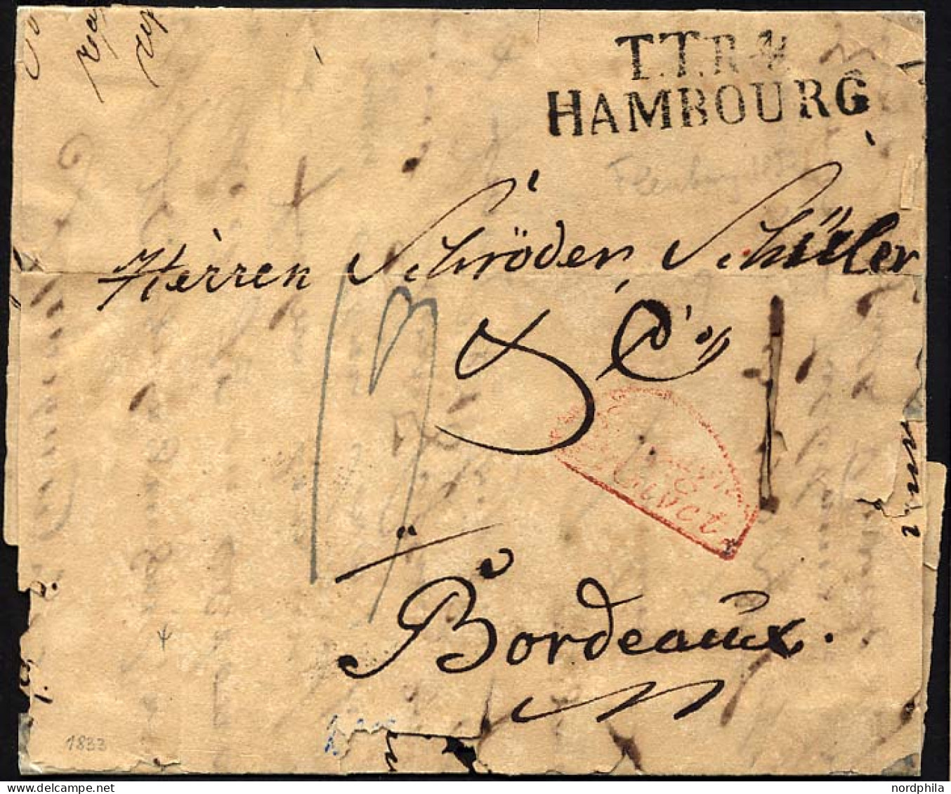 HAMBURG - THURN UND TAXISCHES O.P.A. 1833, TT.R.4. HAMBOURG, L2 Auf Brief Nach Bordeaux, Roter Segmentstempel ALLEMAGNE  - Préphilatélie