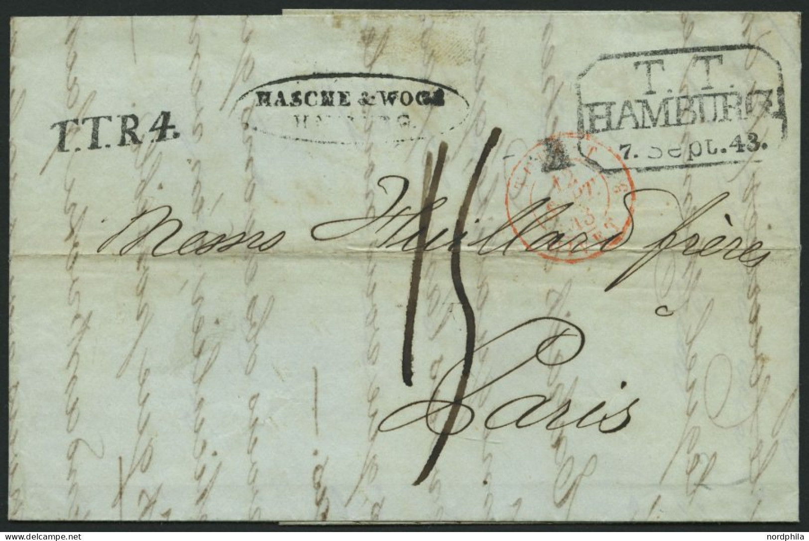 HAMBURG - THURN UND TAXISCHES O.P.A. 1843, T.T. HAMBURG, R3 Auf Brief Nach Paris Und Durchgangsstempel T.T.R.4 Und Roter - Prephilately