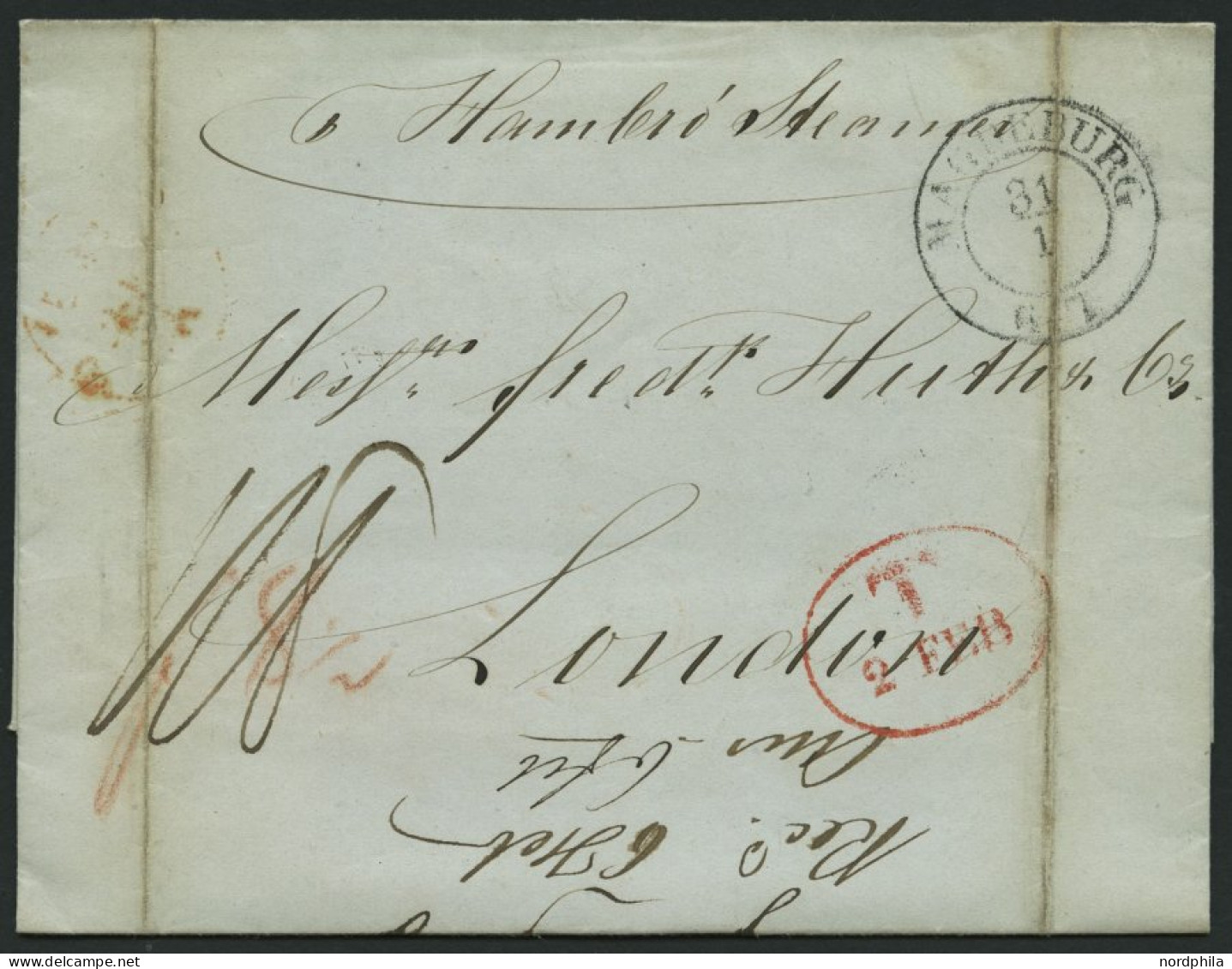 HAMBURG - GRENZÜBERGANGSSTEMPEL 1844, T 2 FEB, In Rot Auf Brief Von Magdeburg (K2) Nach London, Handschriftlich Hamburg  - Prephilately