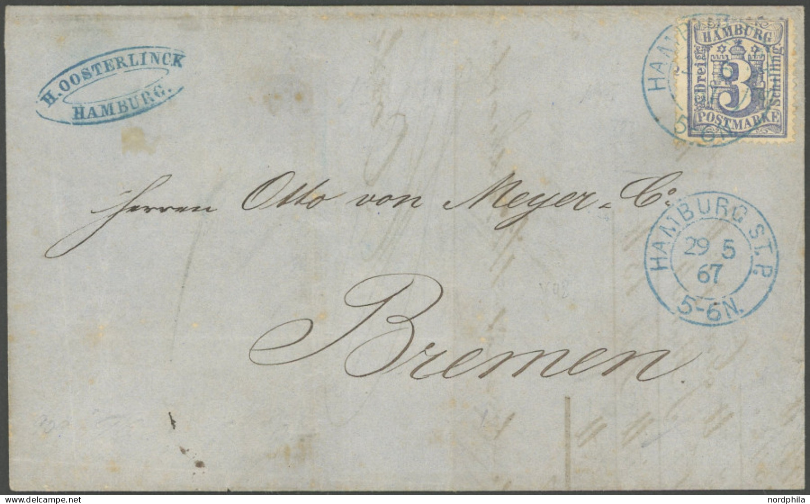 HAMBURG 15c BRIEF, 1867, 3 S. Ultramarinblau, Links Mit Teil Des Reihenzählers 2!, Blauer K2 HAMBURG ST.P., Auf Brief Na - Hamburg