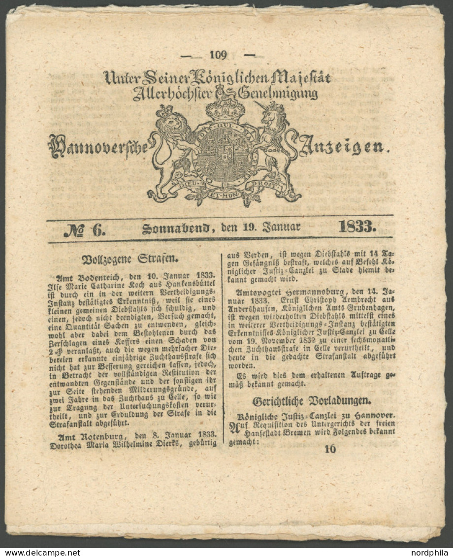 HANNOVER 1833, Zeitung Hannoversche Anzeigen No. 6 Mit Anzeigen Aus Allen Lebensbereichen, Pracht - Hanovre