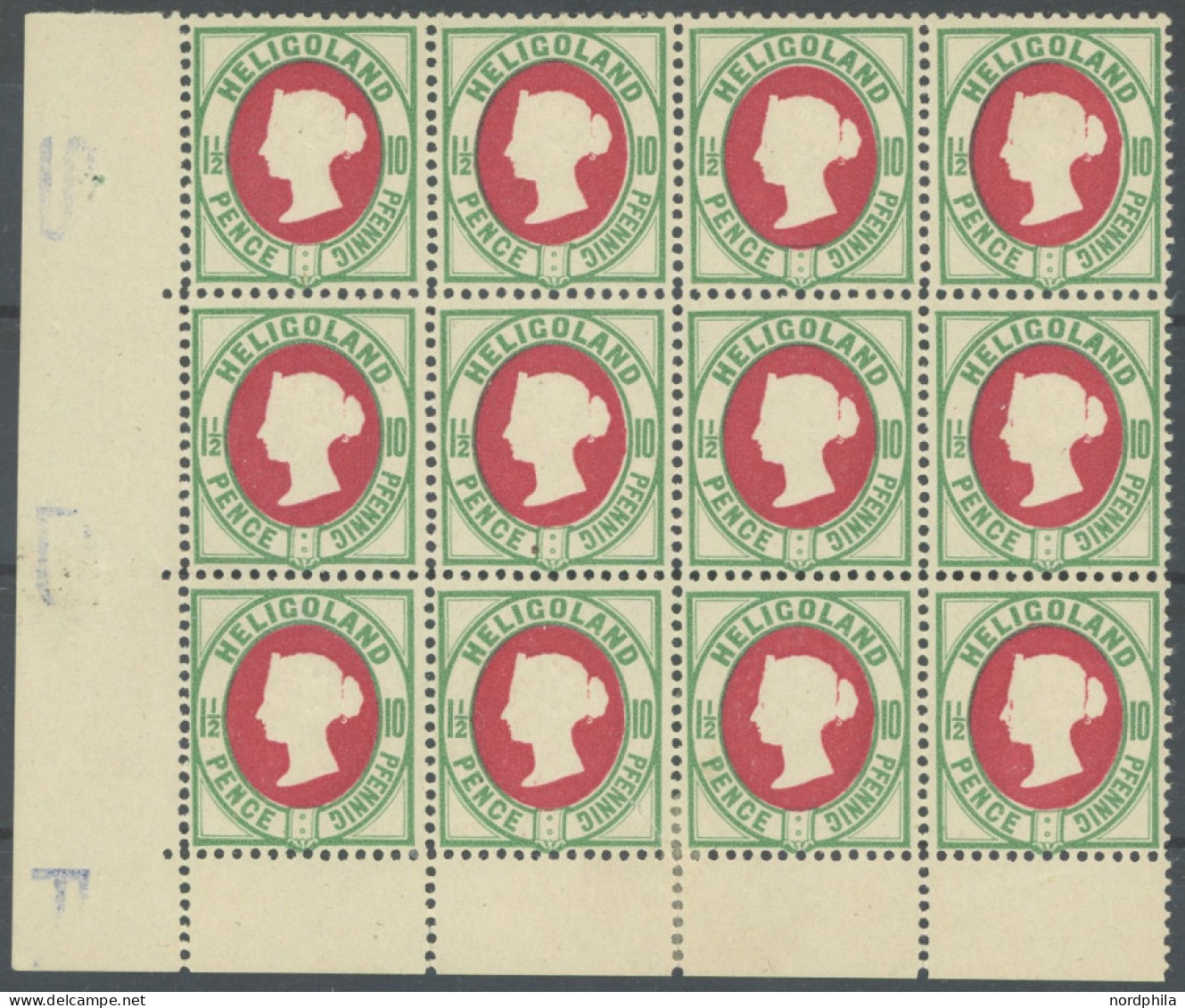 HELGOLAND 14e , 1890, 10 Pf. Bläulichgrün/karmin Im Postfrischen 12er-Block Aus Der Linken Unteren Bogenecke, 2 Werte Fa - Héligoland
