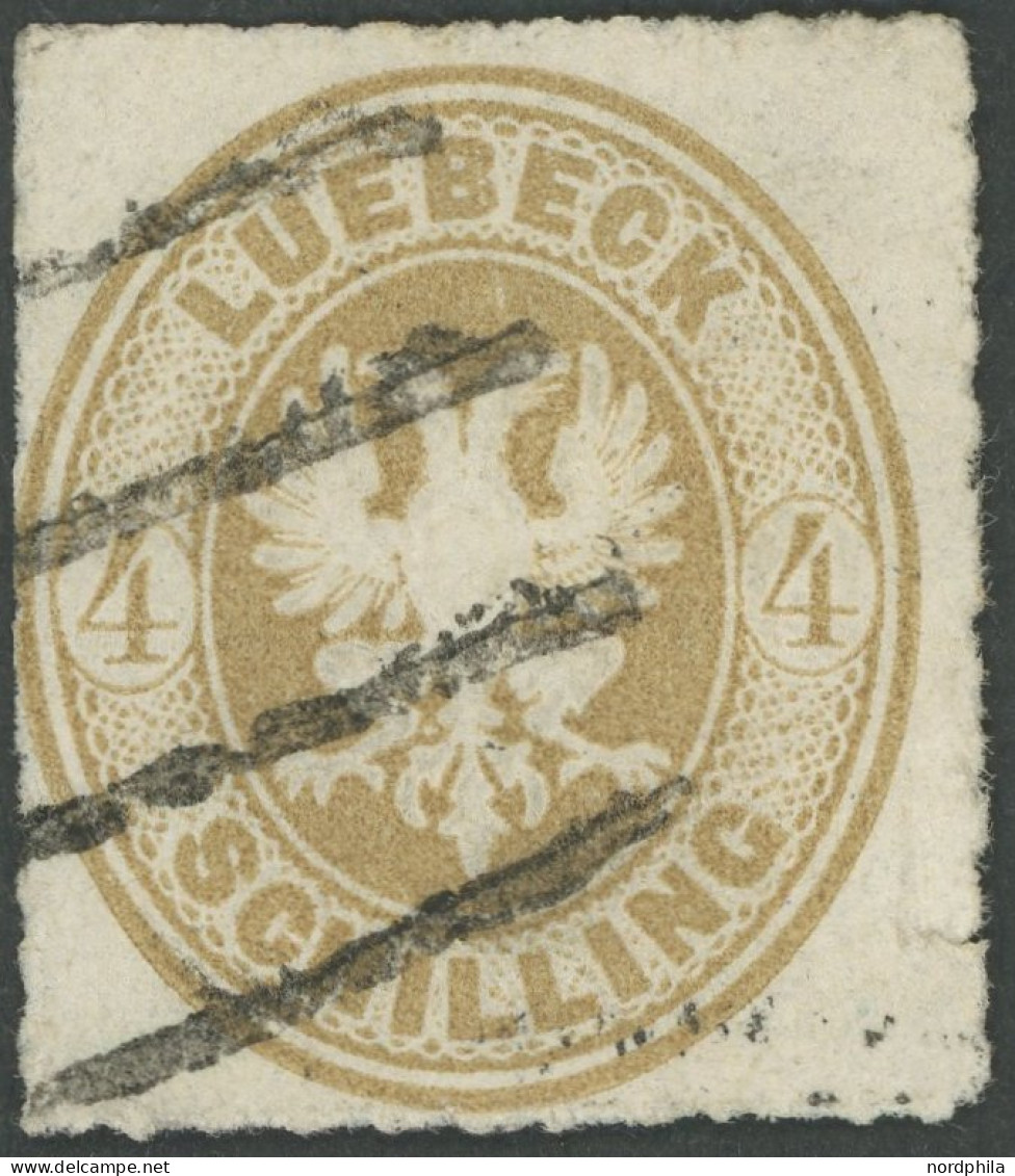 LÜBECK 12 O, 1863, 4 S. Mittelolivbraun, Strichstempel Der Stadtpost: Auf Dieser Ausgabe Besserer Stempel!, Randrißchen  - Luebeck