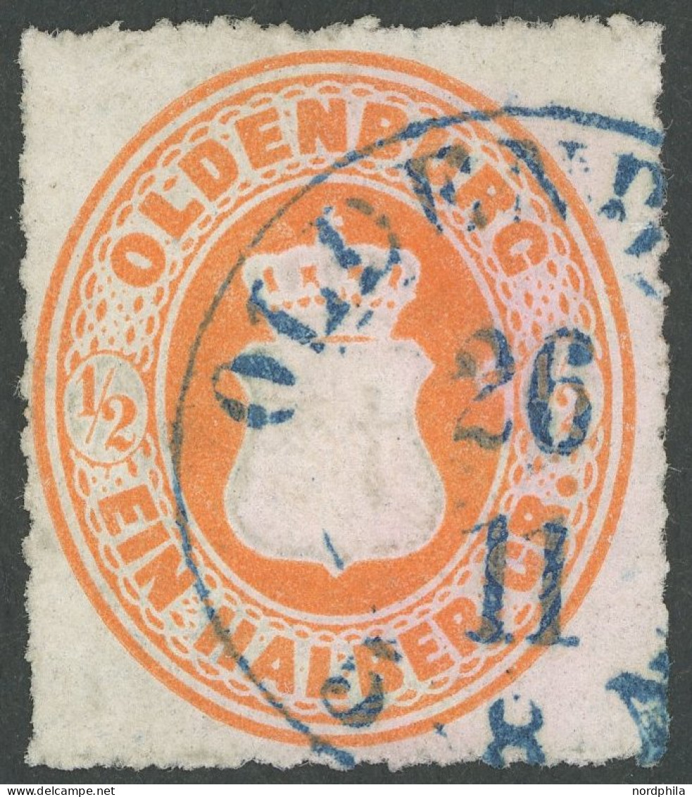 OLDENBURG 16Aa O, 1862, 1/2 Gr. Orange, Durchstich 11 3/4, Pracht, Gepr. Pfenninger, Mi. 140.- - Oldenburg