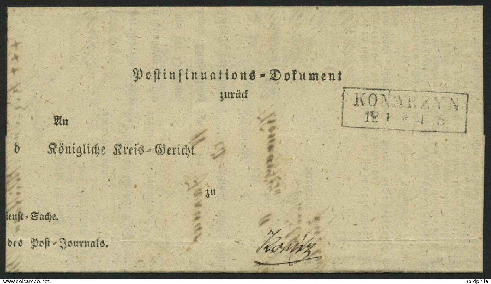 PREUSSEN KONARZYN, R2 Auf Post-Insinuations-Dokument (1864) Nach Konitz, Innen Krone-Posthornstempel, Pracht - Autres & Non Classés