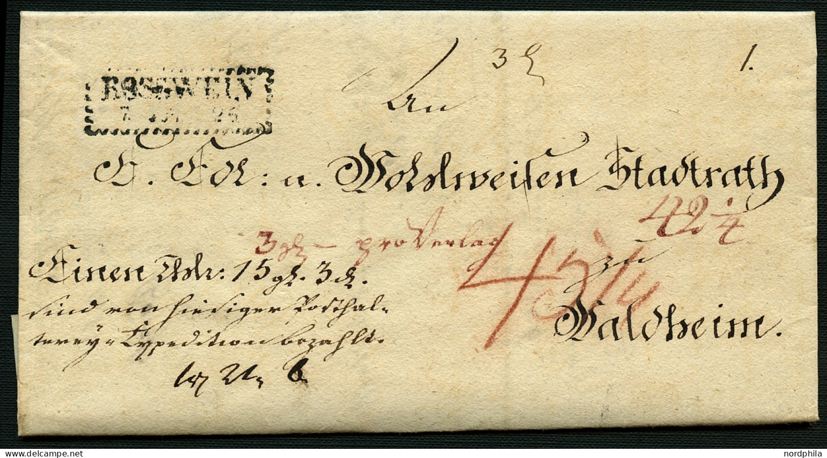 SACHSEN Sachsen 1826, Postvorschussbrief, Stempelpapier Von Rosswein Ins Nahegelegene Waldheim. Entwertet Mit Dem Zacken - Precursores