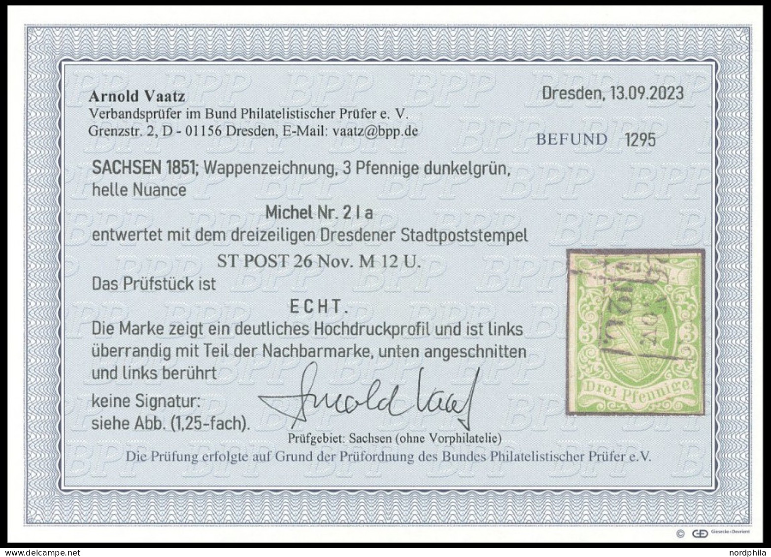 SACHSEN 2Ia O, 1851, 3 Pf. Saftiggrün, Erste Auflage, Dresdener Stadtpost R3, Links überrandig Mit Teil Der Nachbarmarke - Saxe