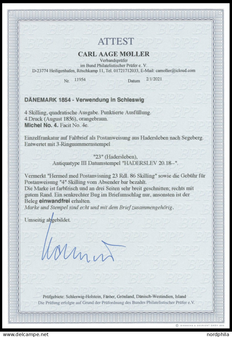 SCHLESWIG-HOLSTEIN DK 4 BRIEF, 23 (HADERSLEBEN) Auf 4 S. Punktiert Auf Postanweisung Nach Segeberg, Pracht, R!, Ausführl - Schleswig-Holstein
