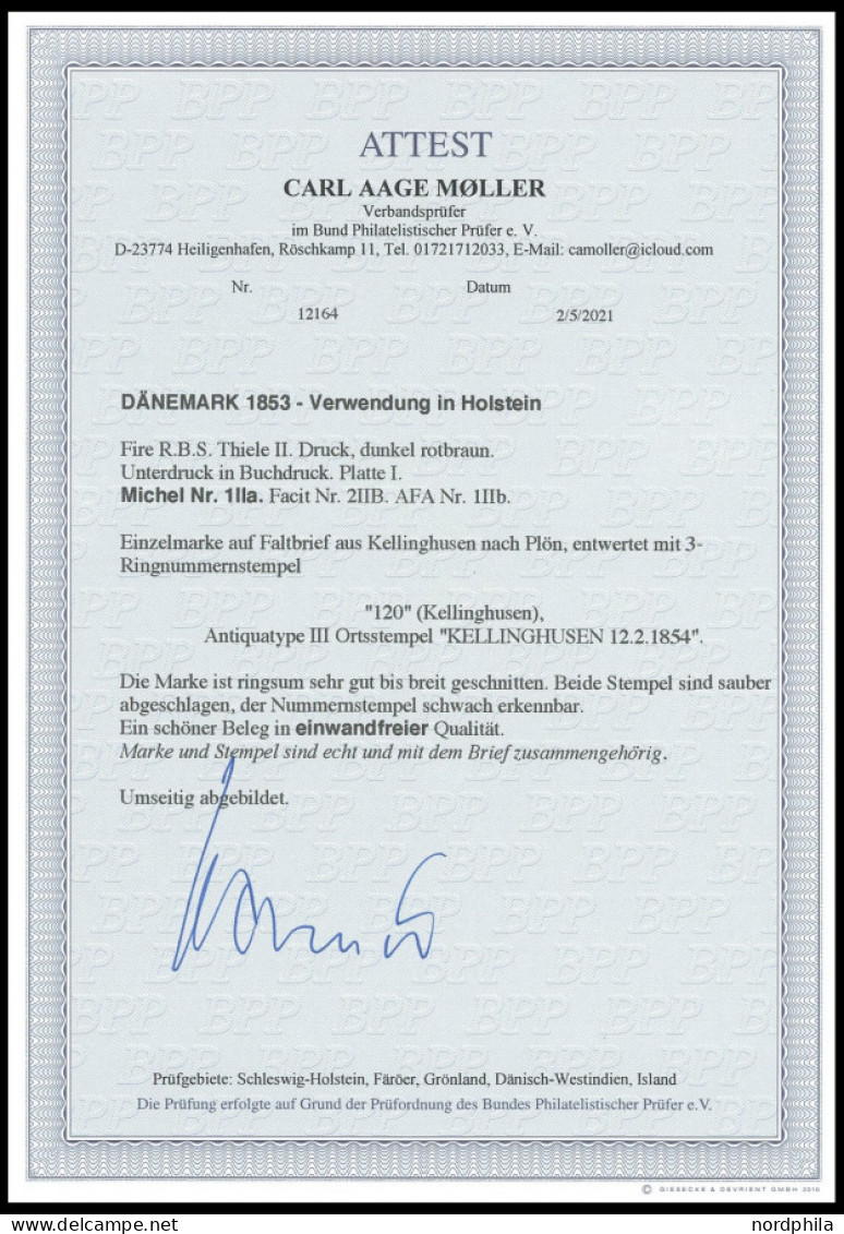 SCHLESWIG-HOLSTEIN DK 1IIa BRIEF, 120 (KELLINGHUSEN) Auf 4 RBS Rotbraun, Prachtbrief Nach Plön, Fotoattest C.A. Møller - Schleswig-Holstein