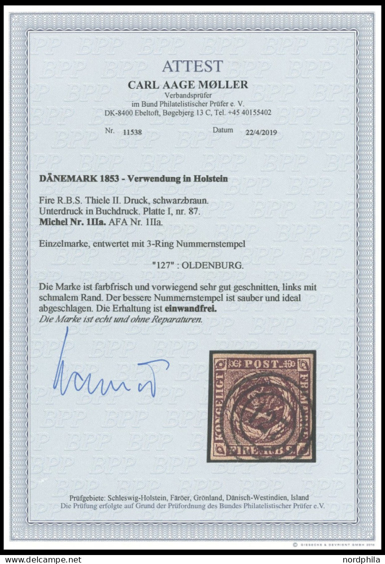 SCHLESWIG-HOLSTEIN DK 1IIa O, 127 (OLDENBURG) Auf 4 RBS Schwarzbraun, Platte I Nr. 87, Pracht, Fotoattest C.A. Møller - Schleswig-Holstein