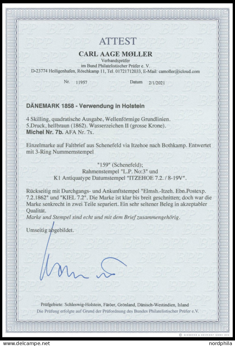 SCHLESWIG-HOLSTEIN DK 7b BRIEF, 159 (SCHENEFELD) Auf 4 S. Braun Liniert Mit Nebenstempel L.P.No. 3 Und K1 ITZEHOE Auf Br - Schleswig-Holstein