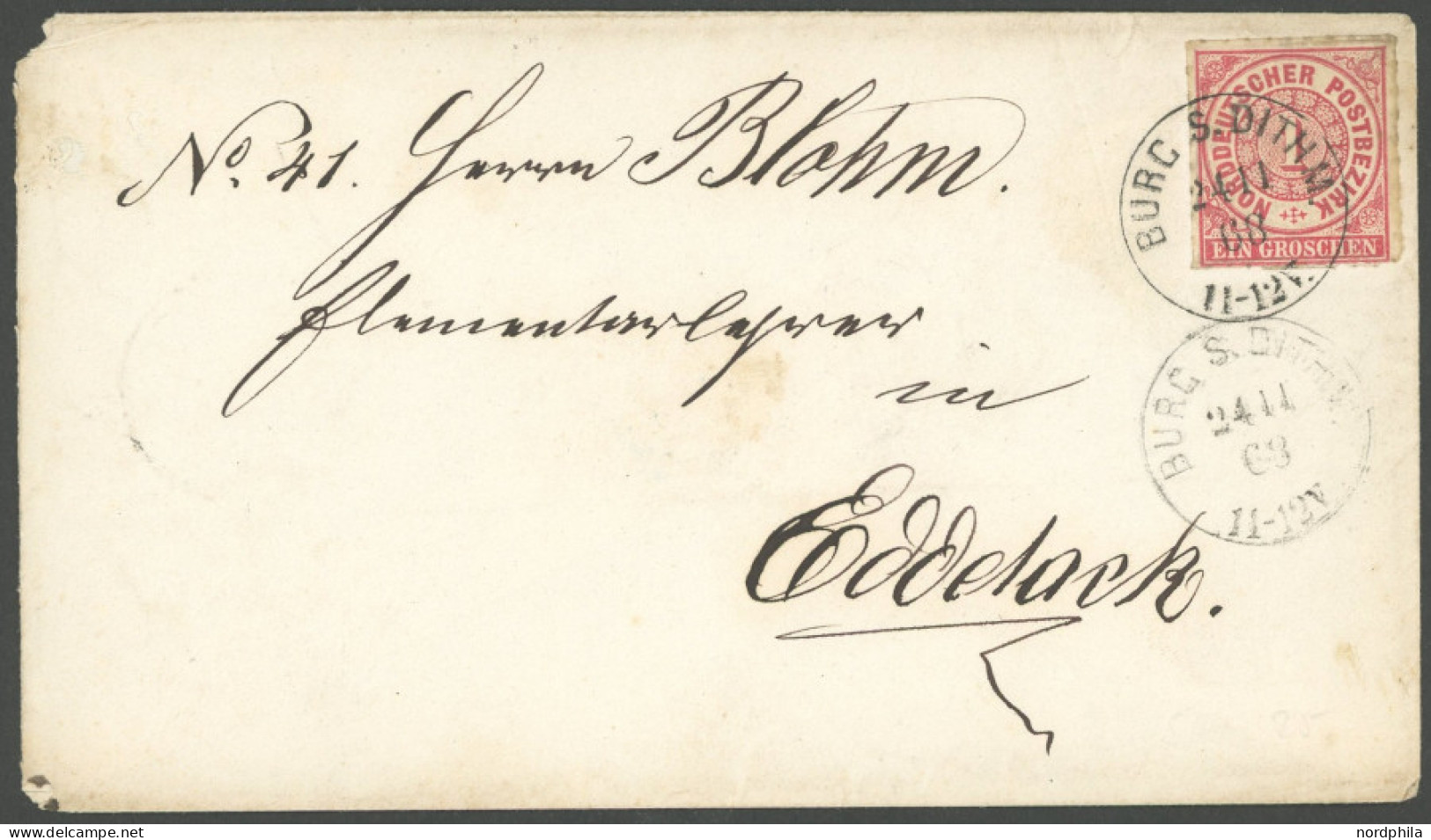 SCHLESWIG-HOLSTEIN NDP 4 BRIEF, BURG S. DITHM. Auf NDP 1 Gr. Mittelrötlichkarmin Auf Brief (1868) Nach Eddelack, Feinst - Schleswig-Holstein