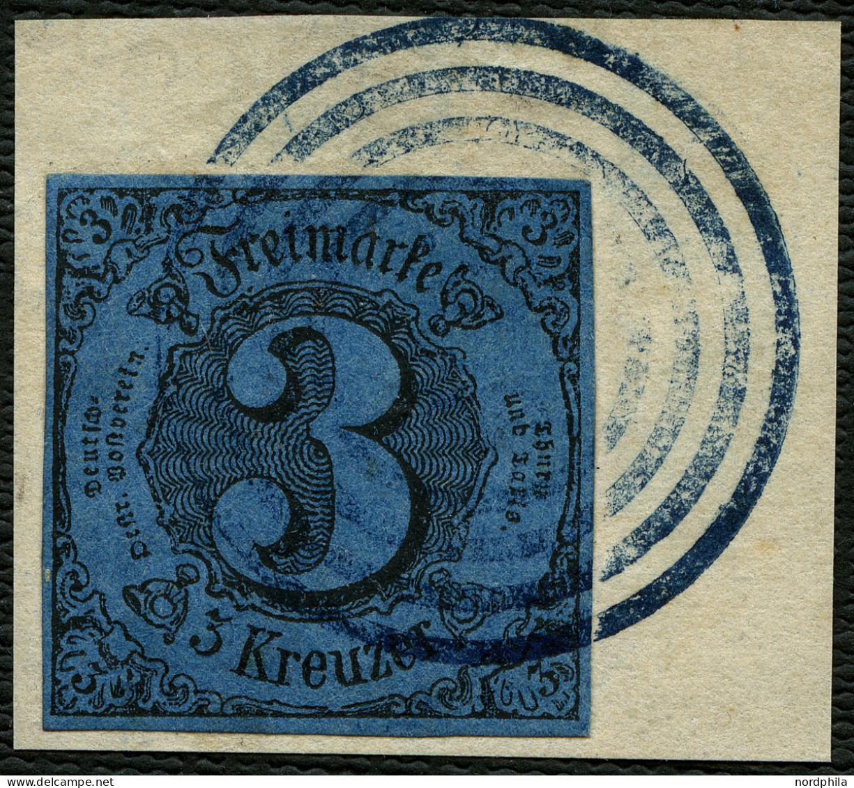 THURN Und TAXIS 8 BrfStk, 1852, 3 Kr. Dunkelblau, Allseits Vollrandig Auf Kleinem Briefstück , Seltener Blauer Nummernst - Andere & Zonder Classificatie