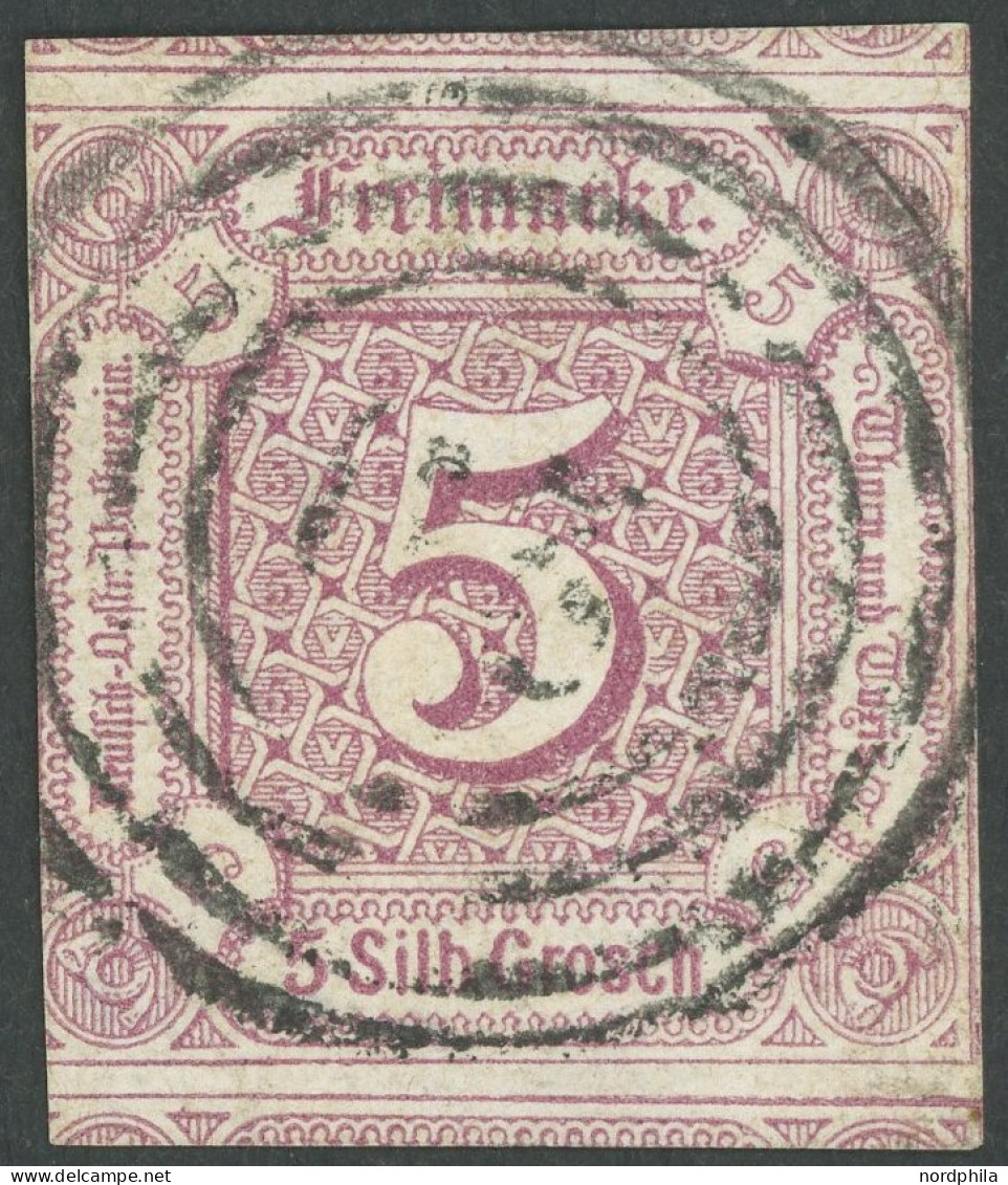 THURN Und TAXIS 18 O, 1859, 5 Sgr. Braunpurpur, Zweiseitig Angeschnitten, Oben Und Unten Mit Teilen Der Nachbarmarke, Fe - Sonstige & Ohne Zuordnung