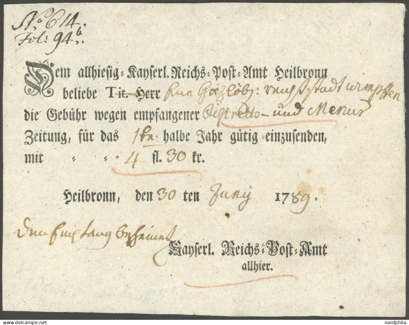 WÜRTTEMBERG 1789, HEILBRONN, Ortsdruck Auf Postschein, Pracht - [Voorlopers