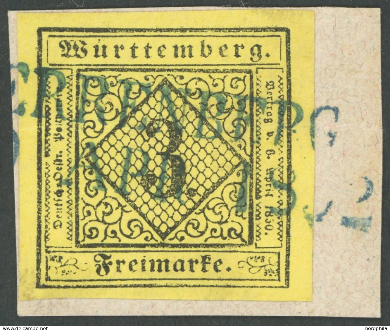 WÜRTTEMBERG 2aI BrfStk, 1851, 3 Kr. Schwarz Auf Hellgelb, Blauer L2 HERRENBERG, Waagerechte Bugspur Sonst Prachtbriefstü - Other & Unclassified