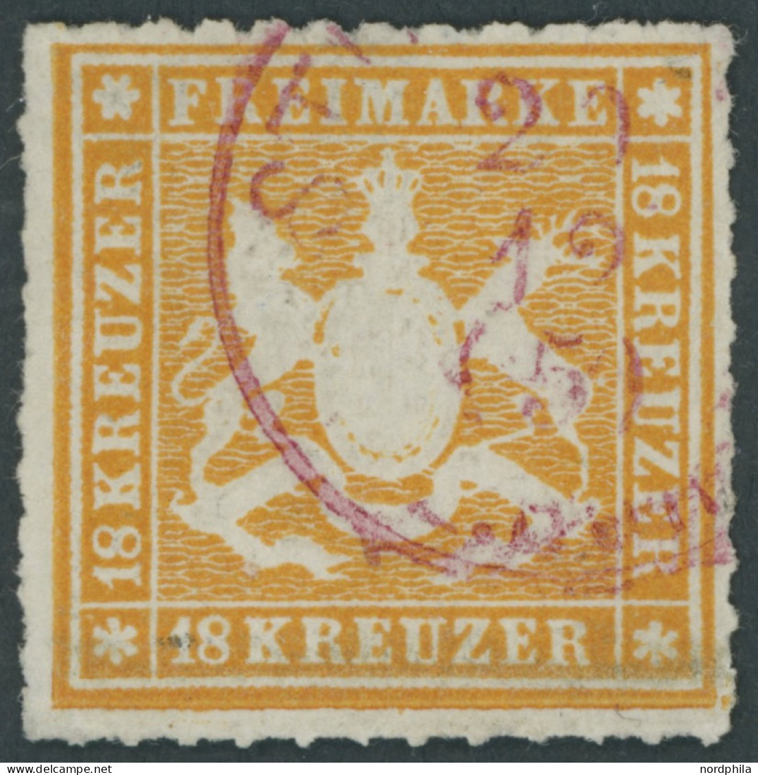 WÜRTTEMBERG 34 O, 1867, 18 Kr. Orangegelb Mit Rotem Stempel STUTTGART, Feinst, Gepr. Thoma, Mi. 1000.- - Sonstige & Ohne Zuordnung