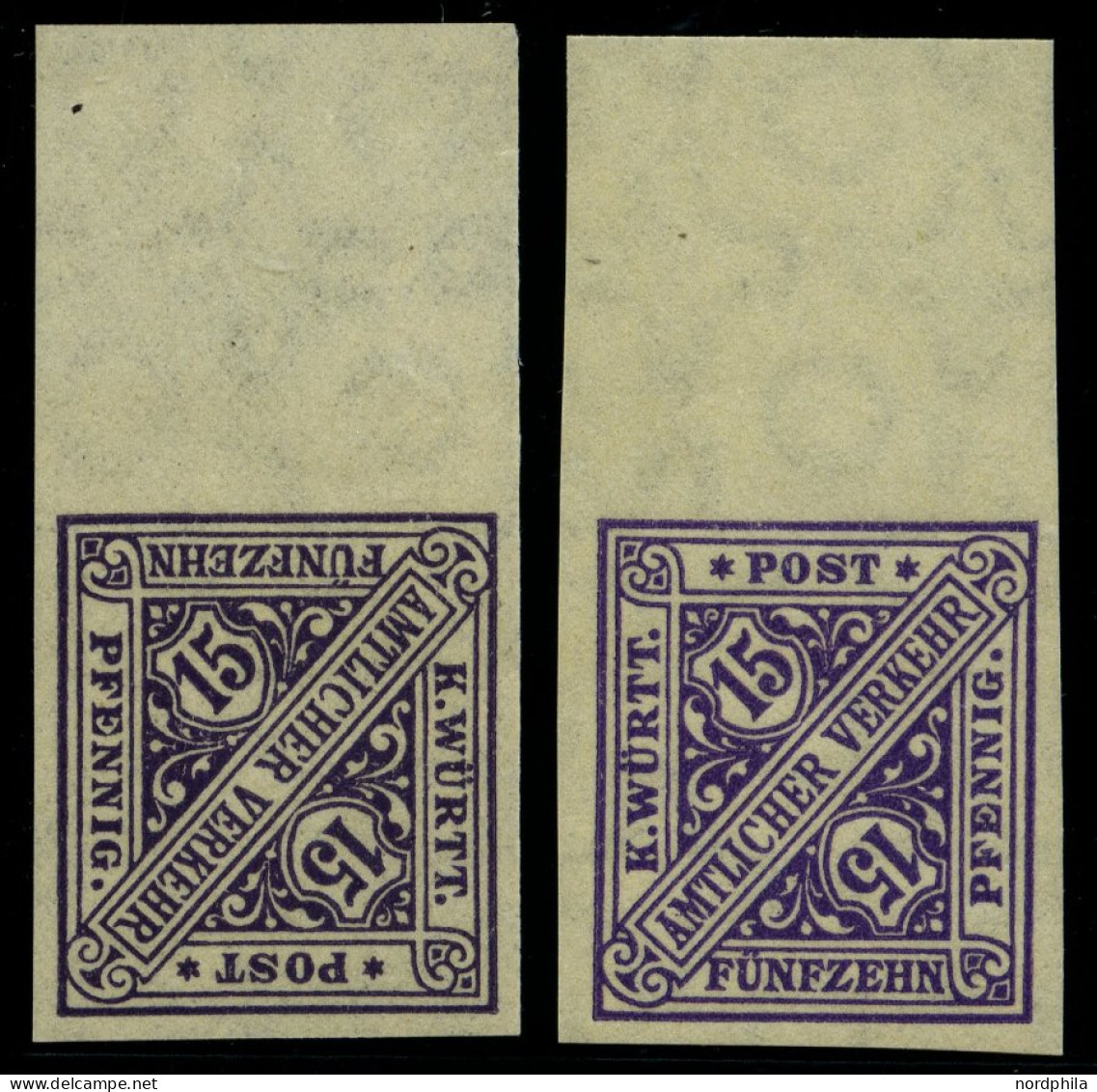 WÜRTTEMBERG 252PU , 1917, 15 Pf. Violettschwarz (2 Verschiedene Farben!), Ungezähnt, Mit Oberrand, 2 Prachtwerte (1x Lei - Andere & Zonder Classificatie