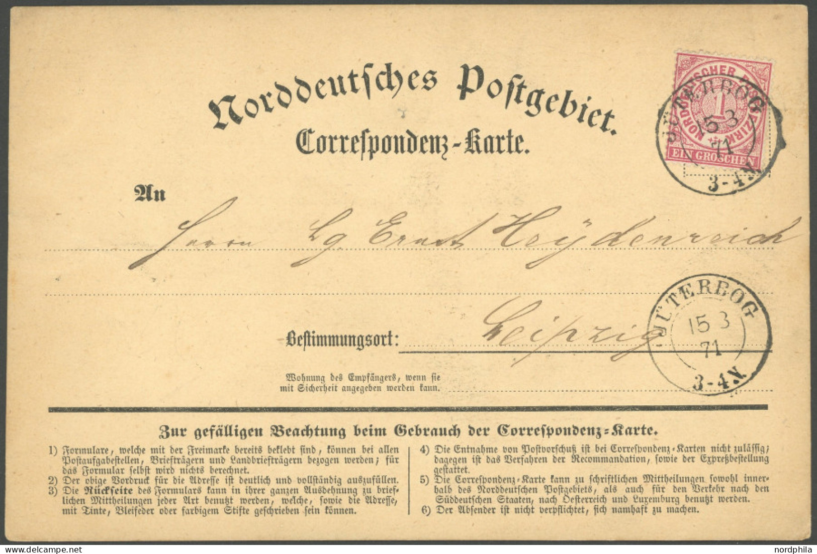 NDP 16 BRIEF, 1871, 1 Gr. Karmin Auf Correspondenzkarte Mit K2 JÜTEBORG Nach Leipzig, Rückseitiger Hufeisenstempel B. AU - Otros & Sin Clasificación