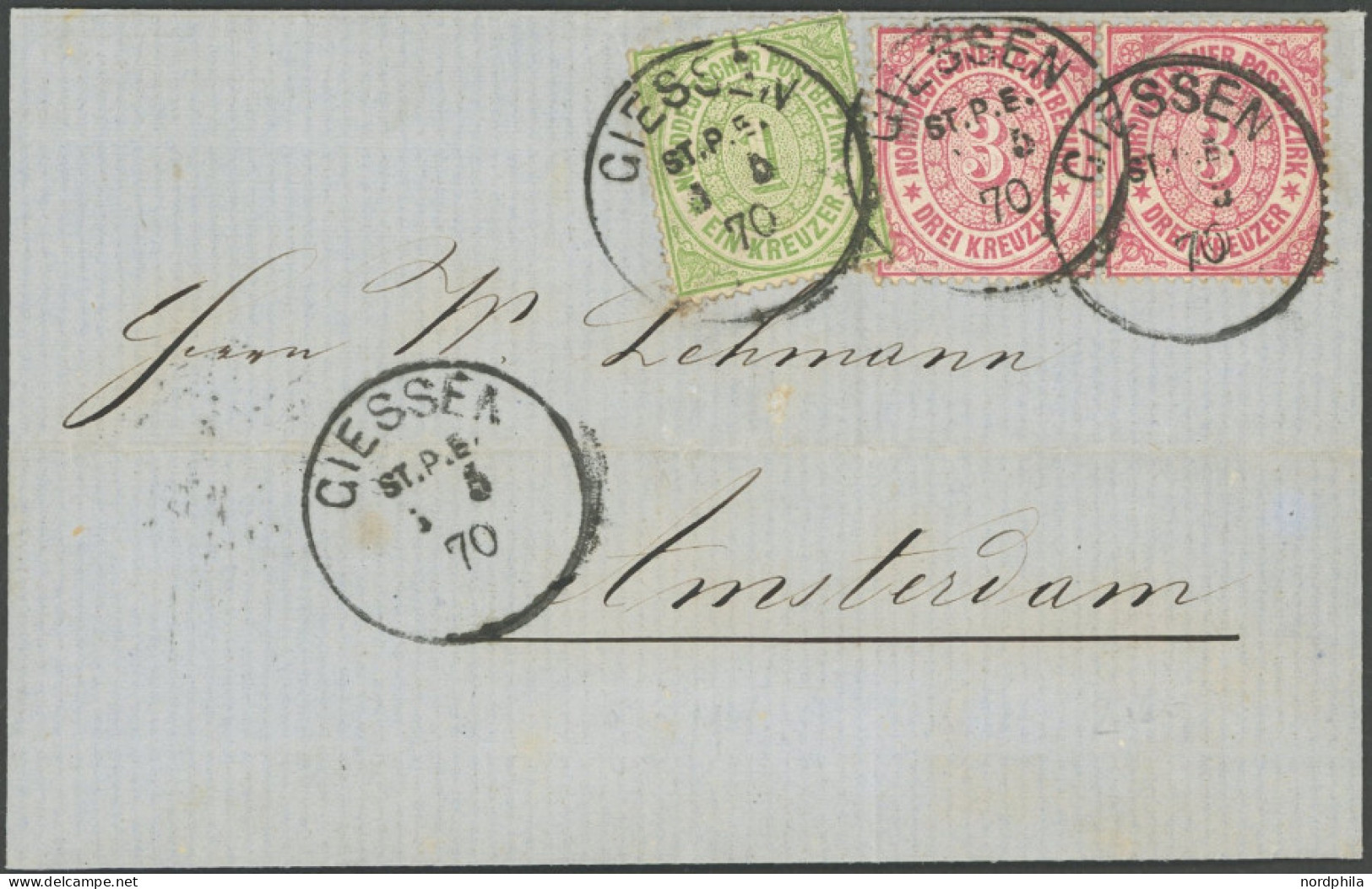 NDP 19,21 Paar BRIEF, 1870, 3 Kr. Karmin Im Waagerechten Paar Und 1 Kr. Gelblichgrün (oben Einriss) Mit K1 GIESSEN ST.P. - Other & Unclassified