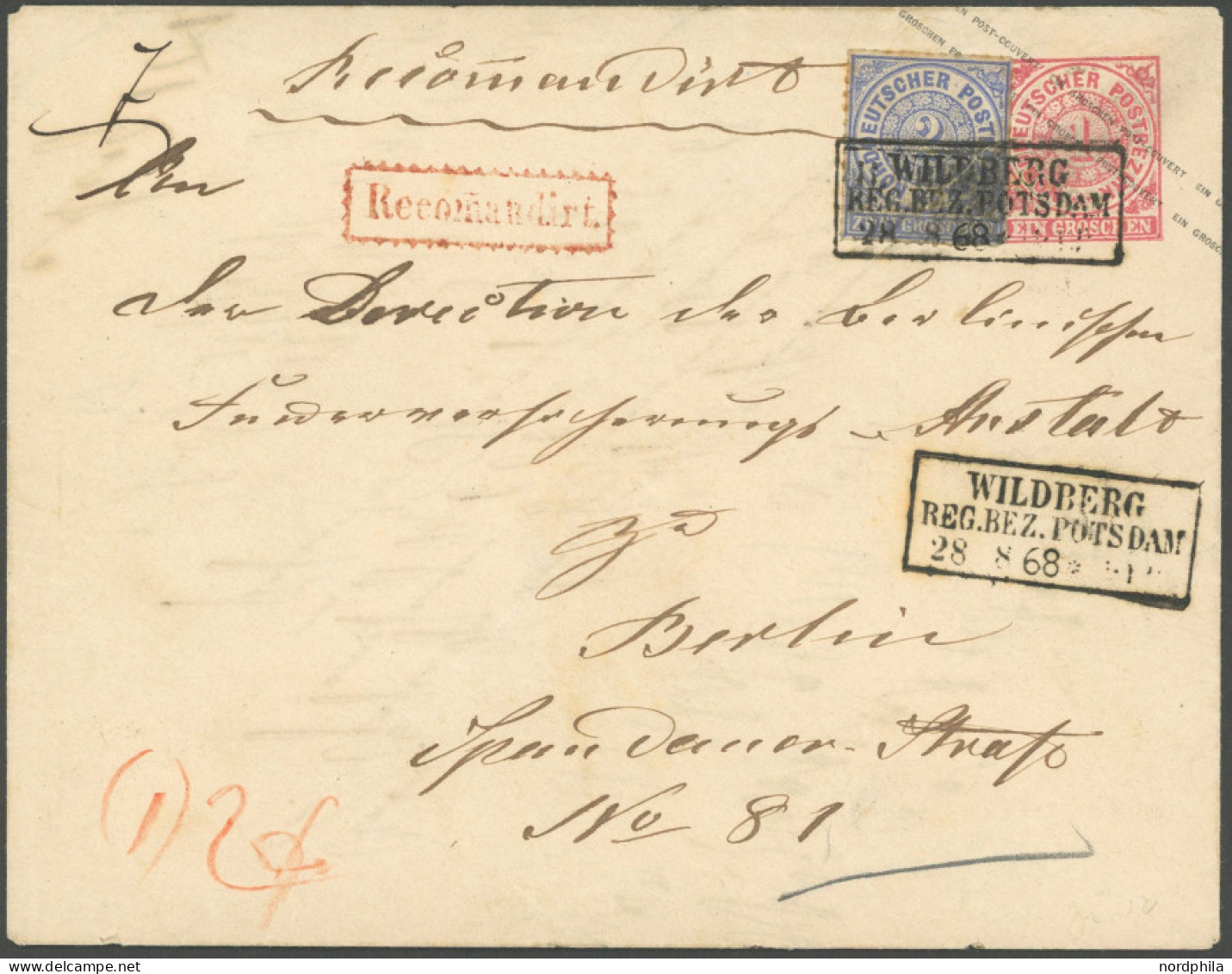 NDP U 1aB BRIEF, 1868, 1 Gr. Rosa, Großes Format, Mit 2 Gr. Blau Zusatzfrankatur Auf Reco-Brief Mit R3 WILDBERG REG. BEZ - Andere & Zonder Classificatie