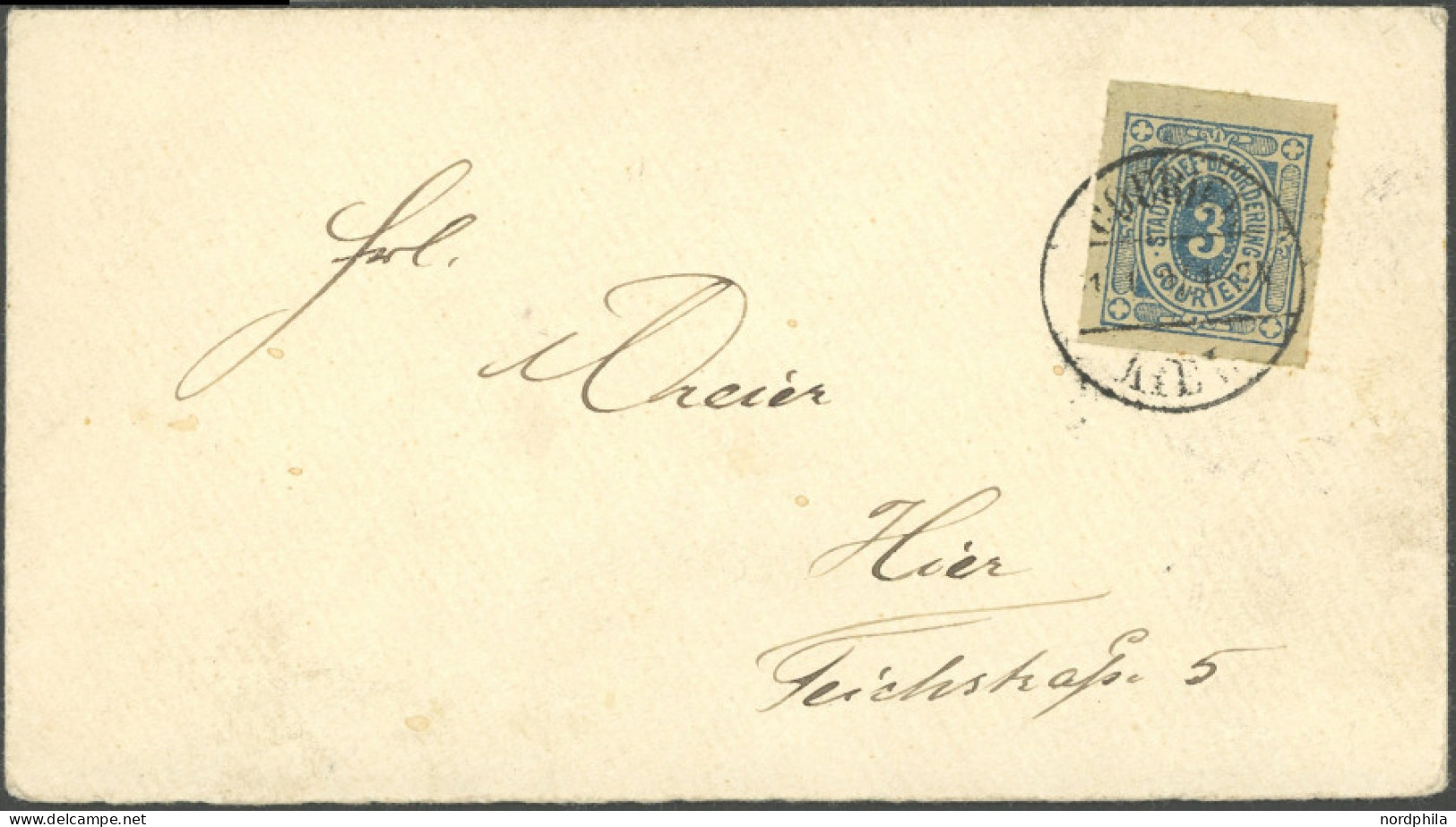 KIEL A IV BRIEF, COURIER: 1895, 3 Pf. Blau Düsseldorf, Farblos Durchstochen Mit Stempel COURIER KIEL Auf Ortsbrief, Rück - Private & Lokale Post