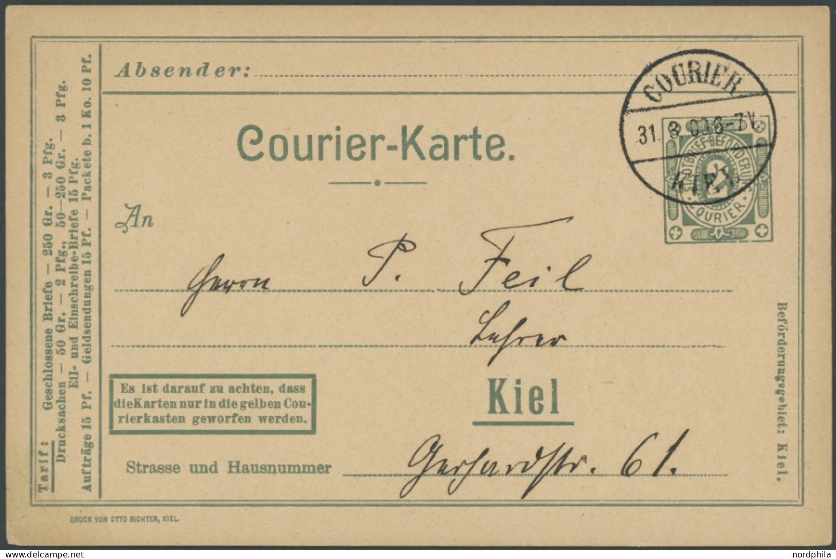 KIEL A P 14Z BRIEF, COURIER: 1900, 2 Pf. Grün Mit Rückseitigem Zudruck Zweite Kieler Volksbibliothek, Stempel 31.3.00, B - Correos Privados & Locales