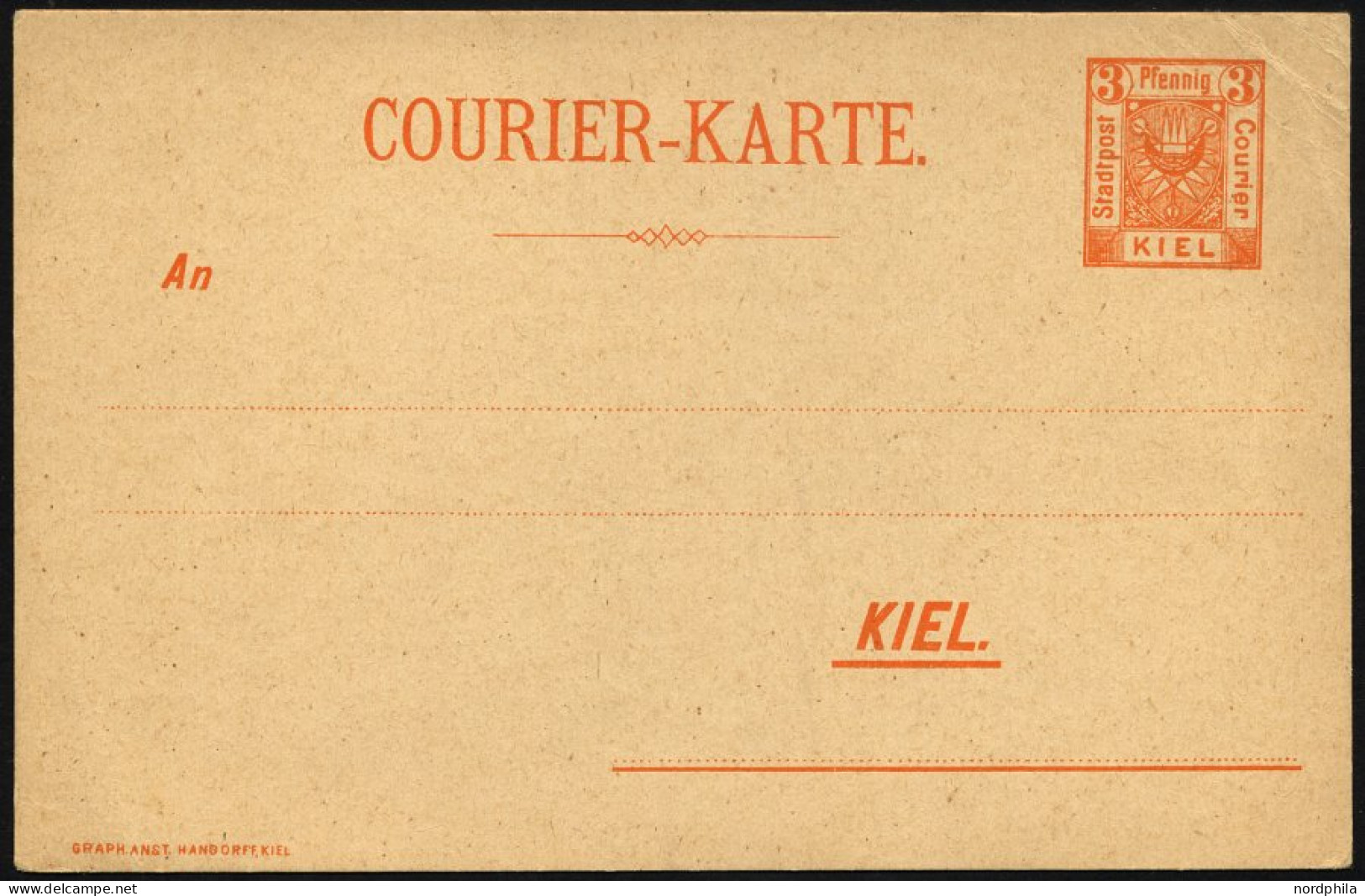 KIEL A P 27 BRIEF, 1899, 3 Pf. Orange, Mit Druckvermerk, Ungebraucht, Karte Feinst - Postes Privées & Locales