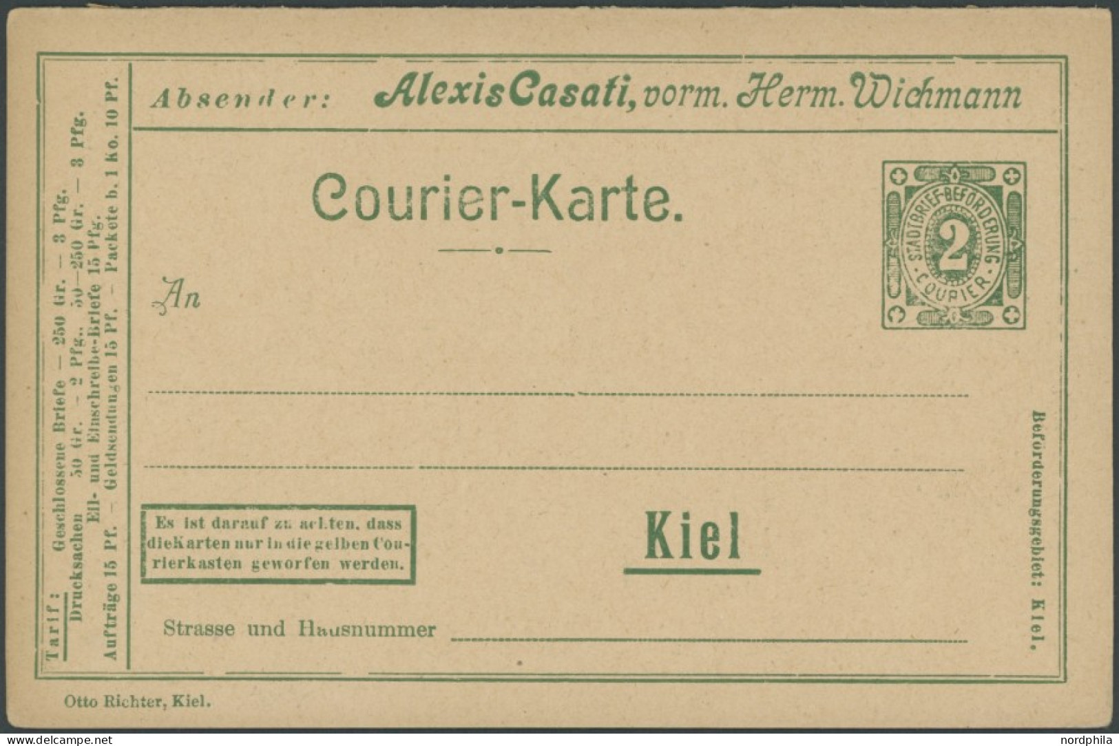 KIEL A PP 3 BRIEF, COURIER: 1898, Privatkarte 2/0 Pf. Orange A. Casati, Ungebraucht, Pracht - Private & Lokale Post