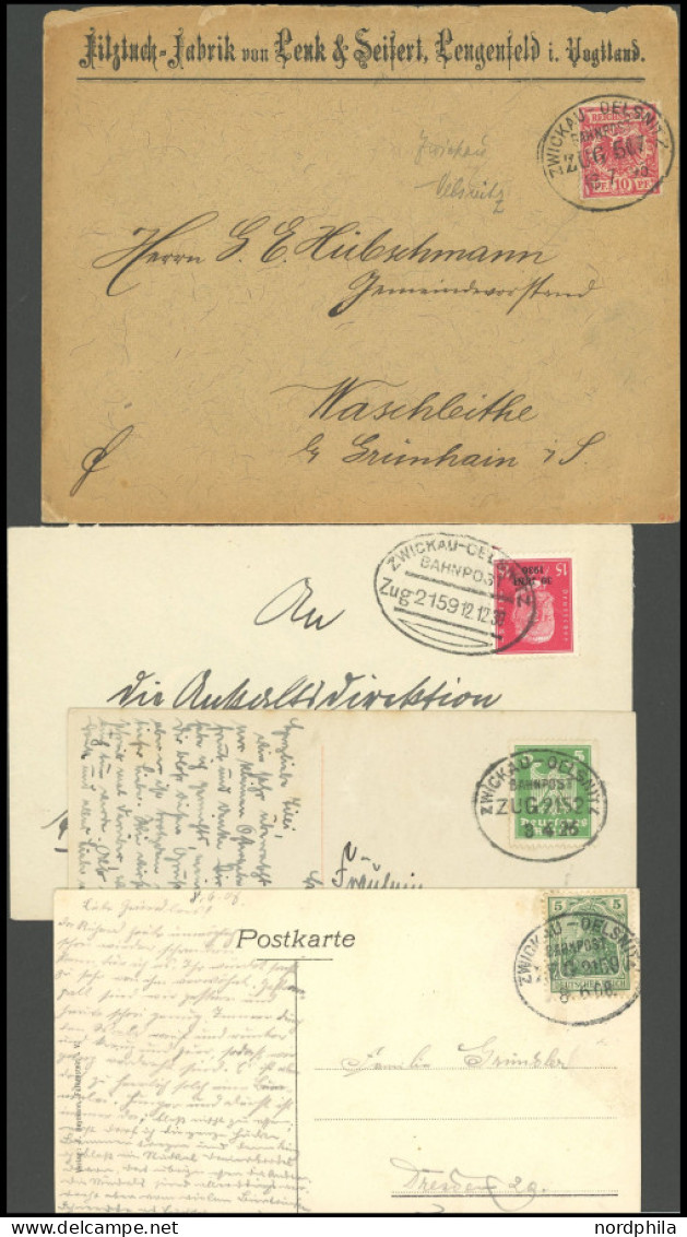 BAHNPOST Zwickau-Oelsnitz, 4 Verschiedene Bahnpoststempel Auf 2 Ansichtskarten Und 2 Briefen (1895/1930), Pracht - Franking Machines (EMA)