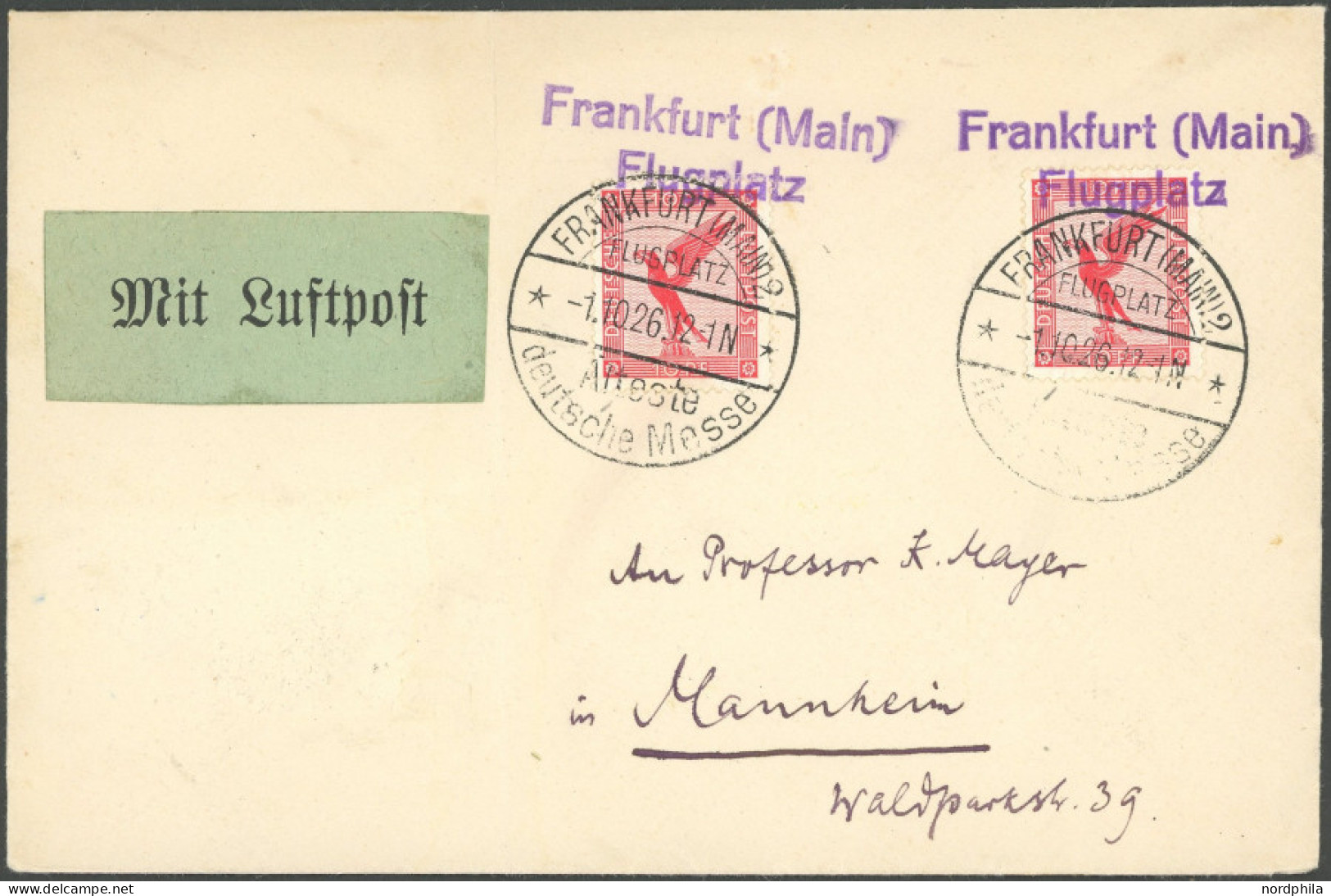 SST 1919-1932 FRANKFURT ÄLTESTE DEUTSCHE MESSE, 1.10.1926, Auf Luftpostbrief Mit 2x 10 Pf.Adler, Senkrecht Gefaltet, Fei - Briefe U. Dokumente