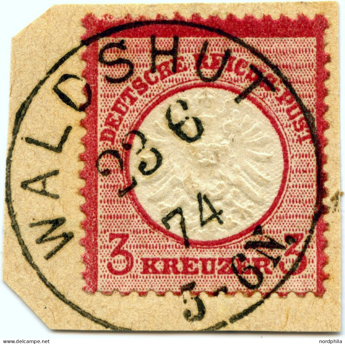 Dt. Reich 25 BrfStk, 1872, 3 Kr. Rotkarmin, Auf Briefstück Und Klarem K1 WALDSHUT, Kreisförmiger Prägeausfall Um Den Obe - Usados