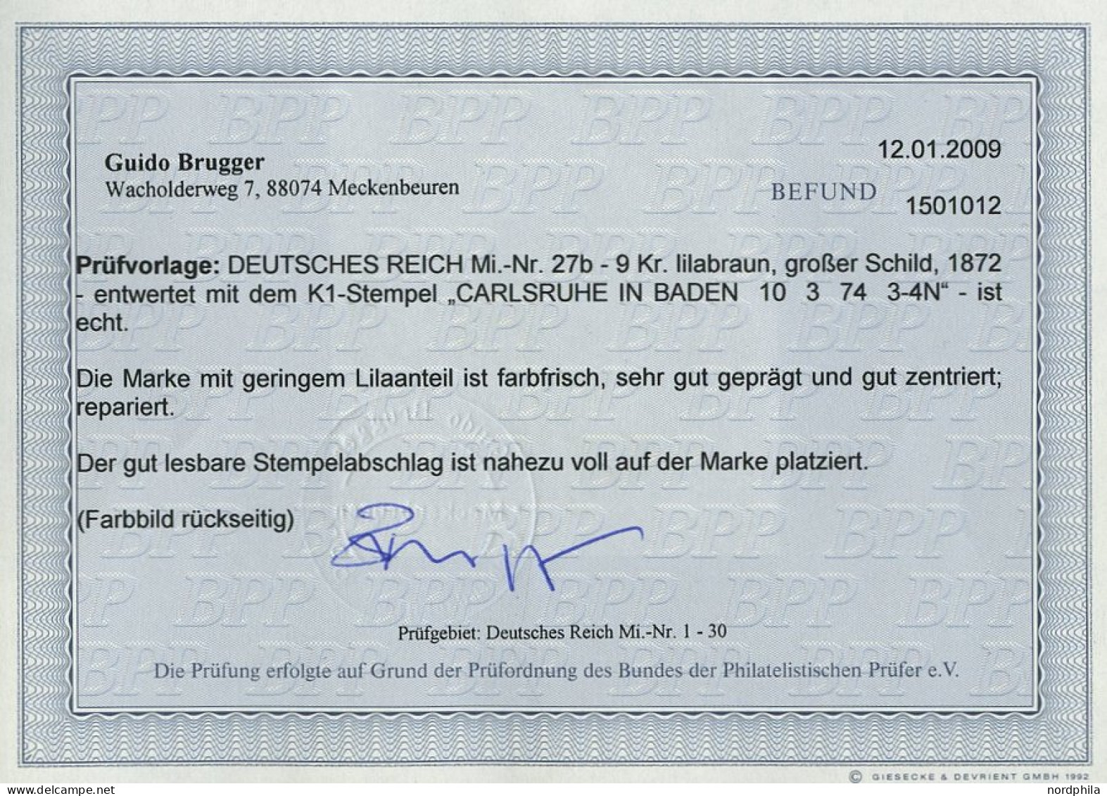 Dt. Reich 27b O, 1872, 9 Kr. Lilabraun, Repariert Wie Pracht, Fotobefund Brugger, Mi. (650.-) - Gebraucht