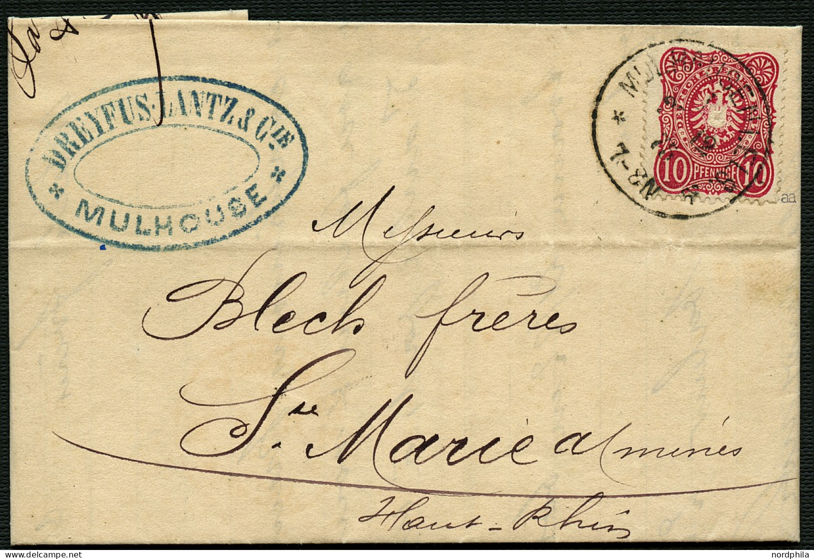 Dt. Reich 33aa BRIEF, 1875, 10 Pfge. Blutrot Auf Brief Von Mülhausen Im Elsass Nach Markirch Sainte-Marie-aux-Mines, Rüc - Briefe U. Dokumente