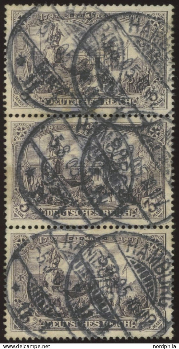 Dt. Reich 80Aa O, 1902, 3 M. Schwarzviolett, Gezähnt A, Ohne Wz., Im Senkrechten Dreierstreifen, Pracht - Sonstige & Ohne Zuordnung